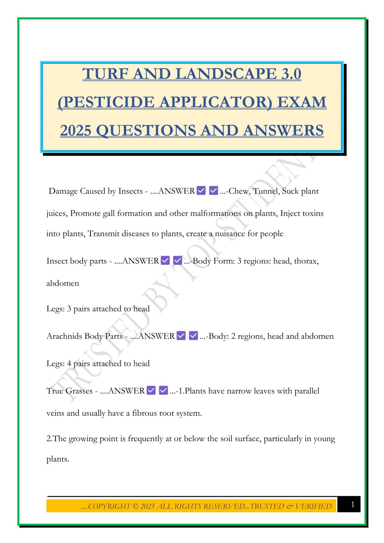 TURF AND LANDSCAPE 3.0 (PESTICIDE APPLICATOR) EXAM 2025 QUESTIONS AND ANSWERS