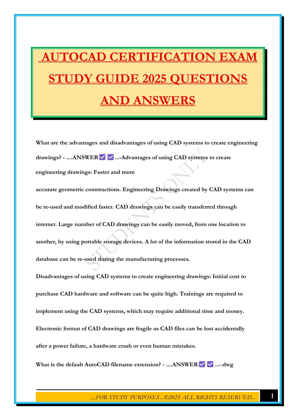 AUTOCAD CERTIFICATION EXAM STUDY GUIDE 2025 QUESTIONS AND ANSWERS