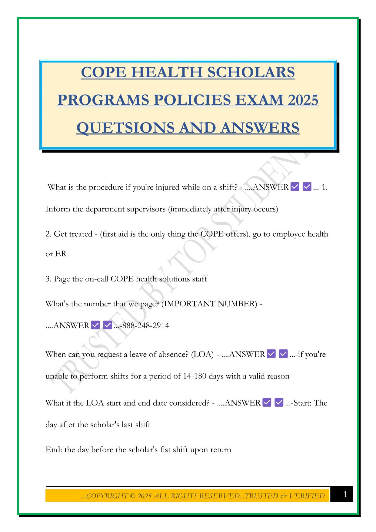 COPE HEALTH SCHOLARS PROGRAMS POLICIES EXAM 2025 QUETSIONS AND ANSWERS