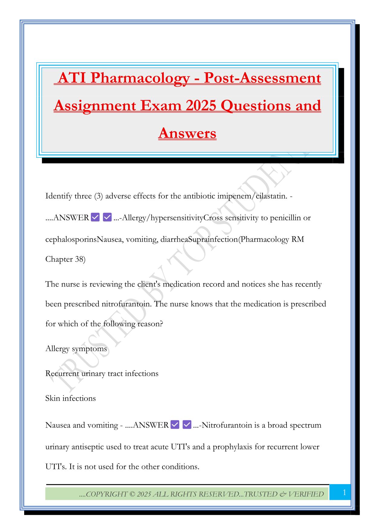 ATI Pharmacology - Post-Assessment Assignment Exam 2025 Questions and Answers