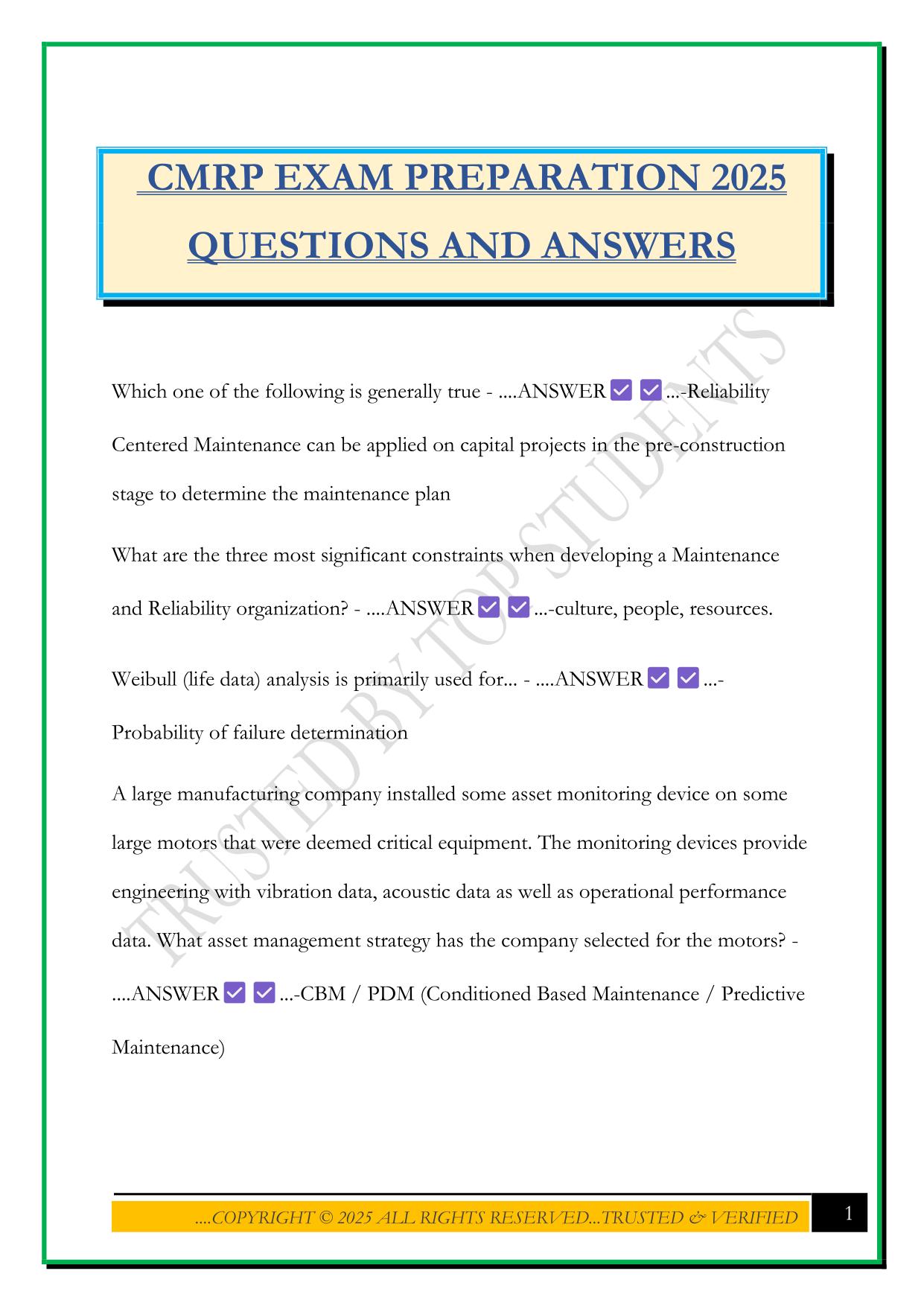 CMRP EXAM PREPARATION 2025 QUESTIONS AND ANSWERS