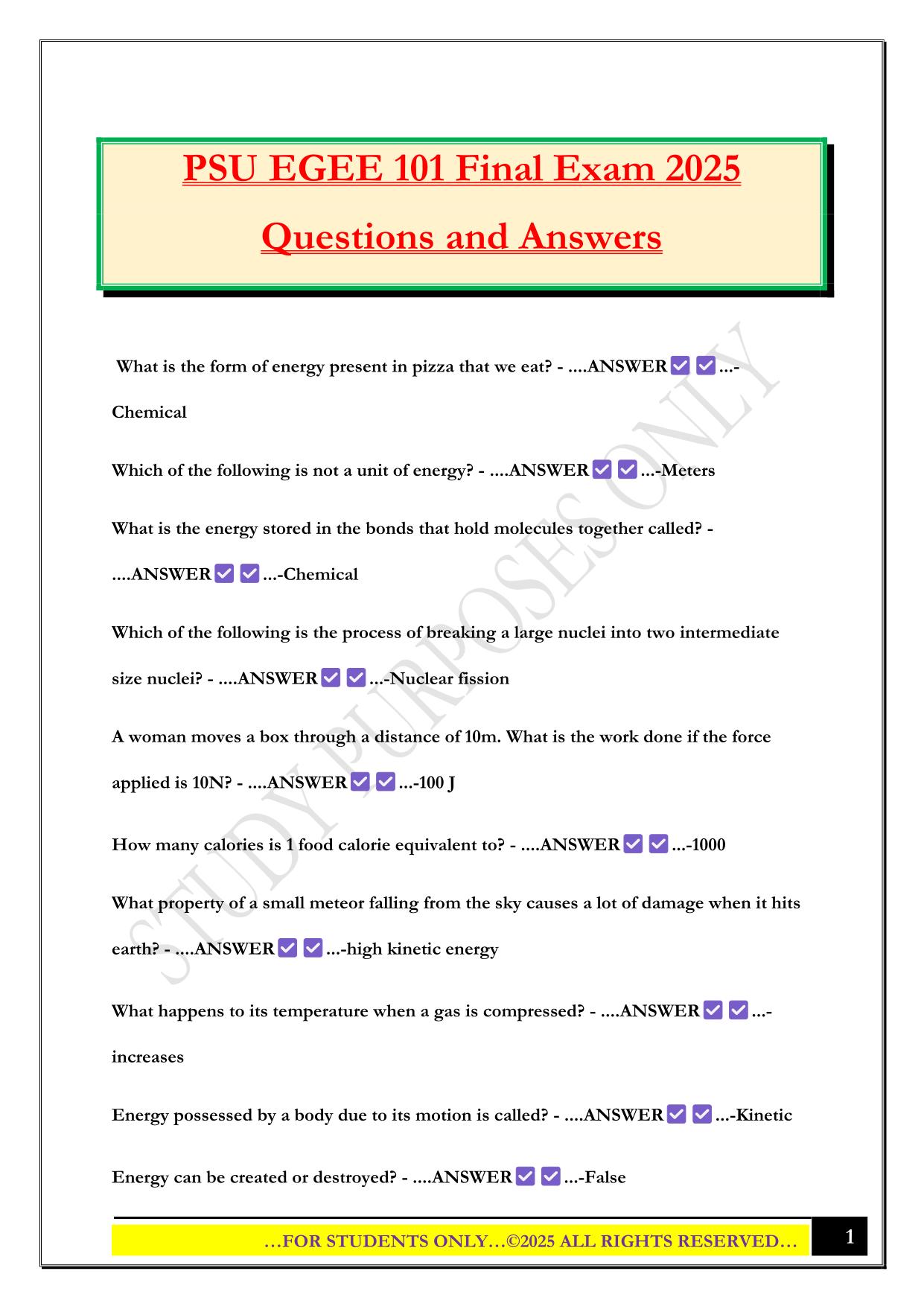 PSU EGEE 101 Final Exam 2025 Questions and Answers