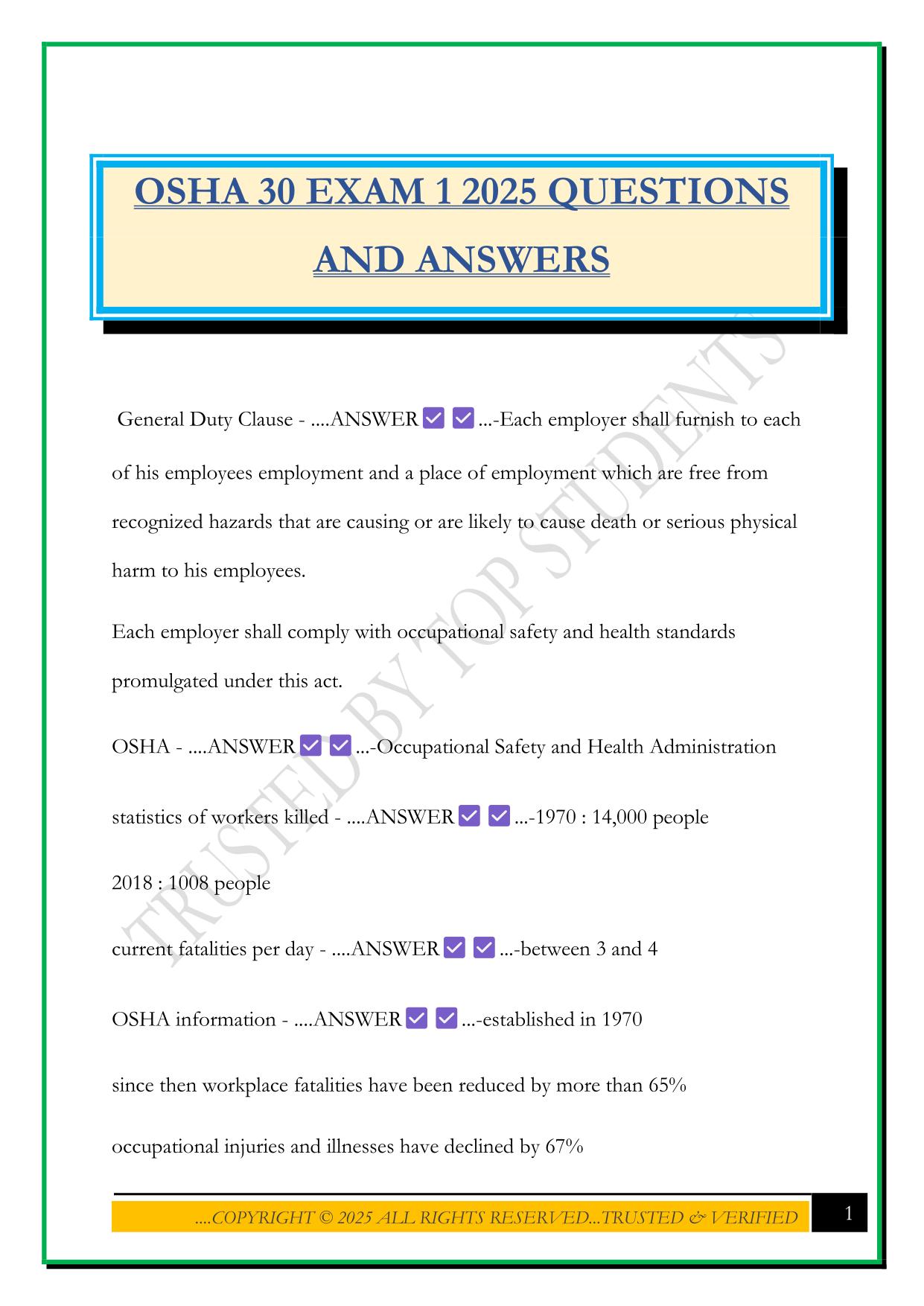 OSHA 30 EXAM 1 2025 QUESTIONS AND ANSWERS