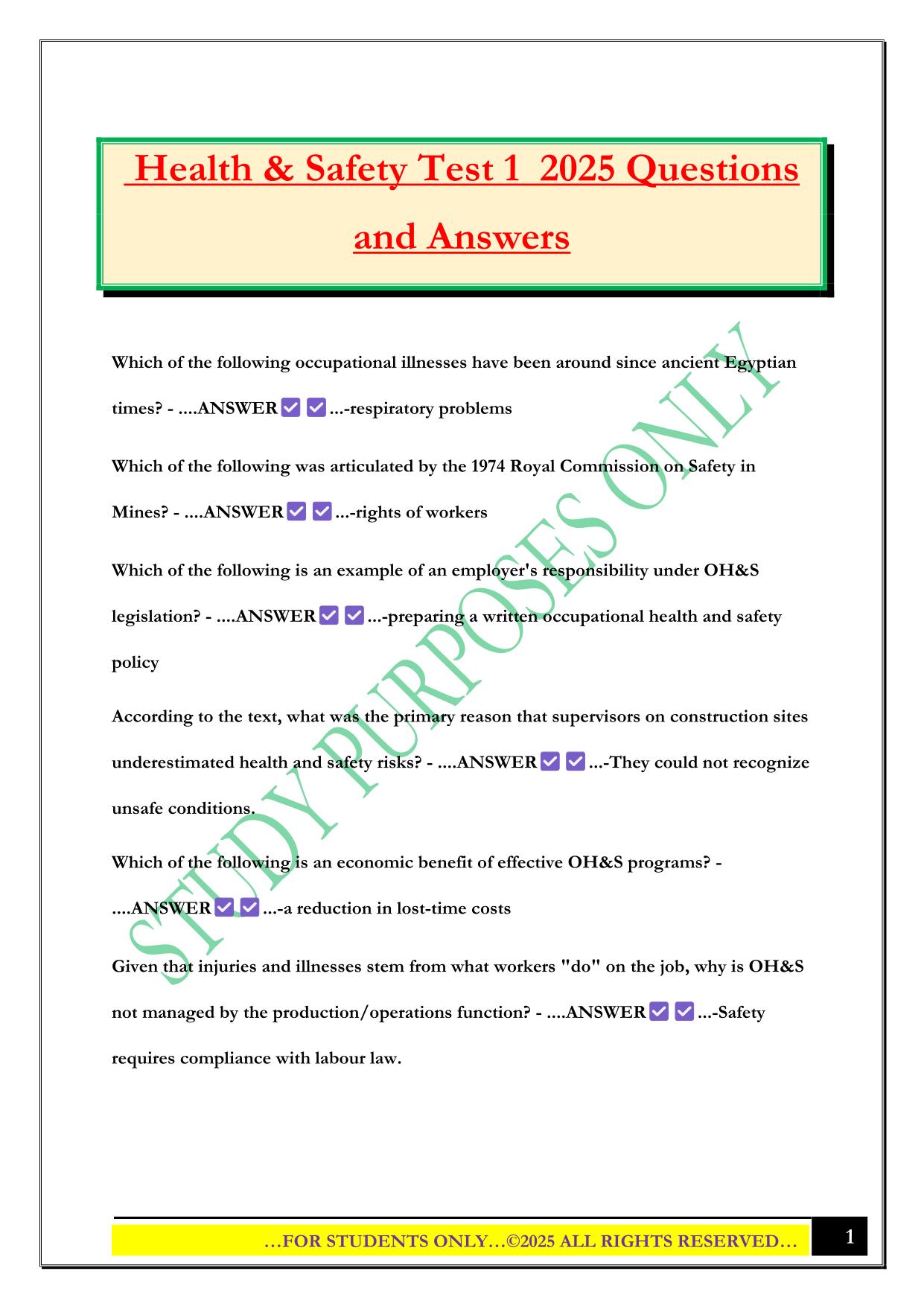 Health & Safety Test 1 2025 Questions and Answers