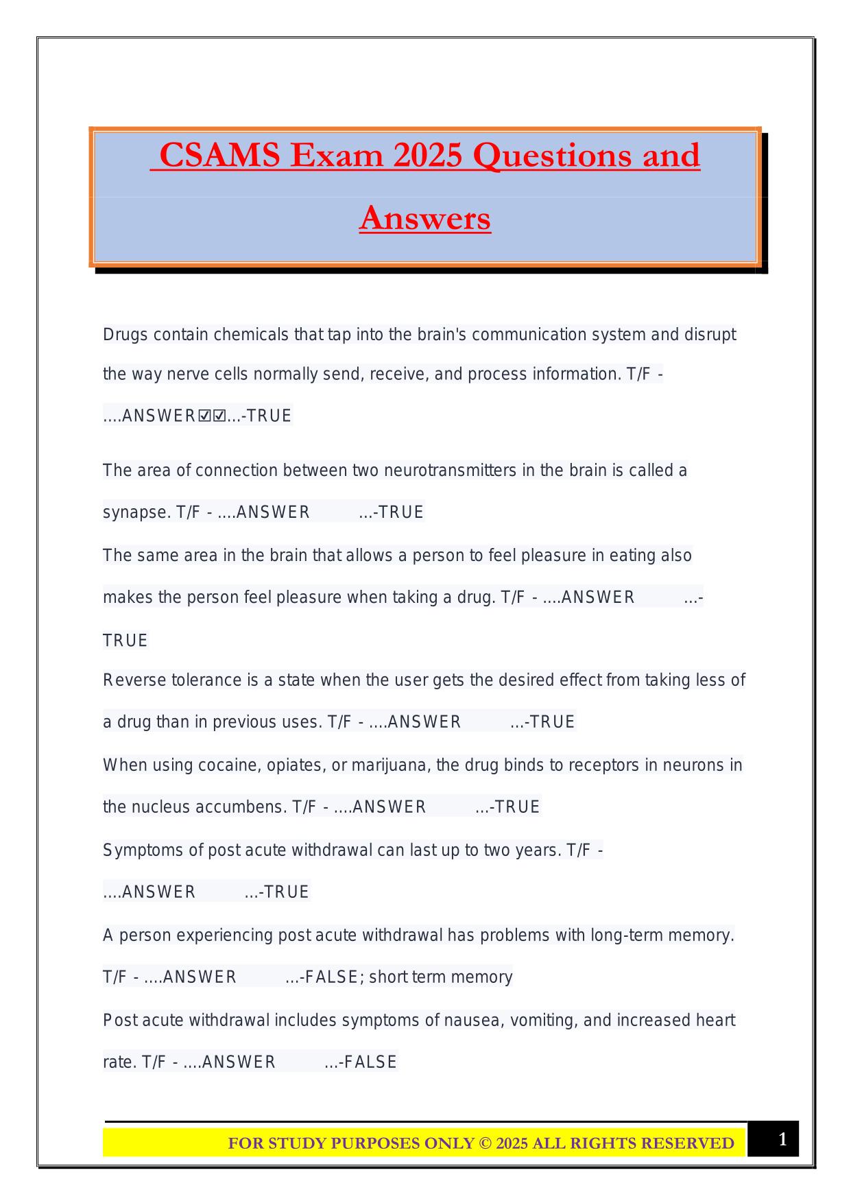 CSAMS Exam 2025 Questions and Answers