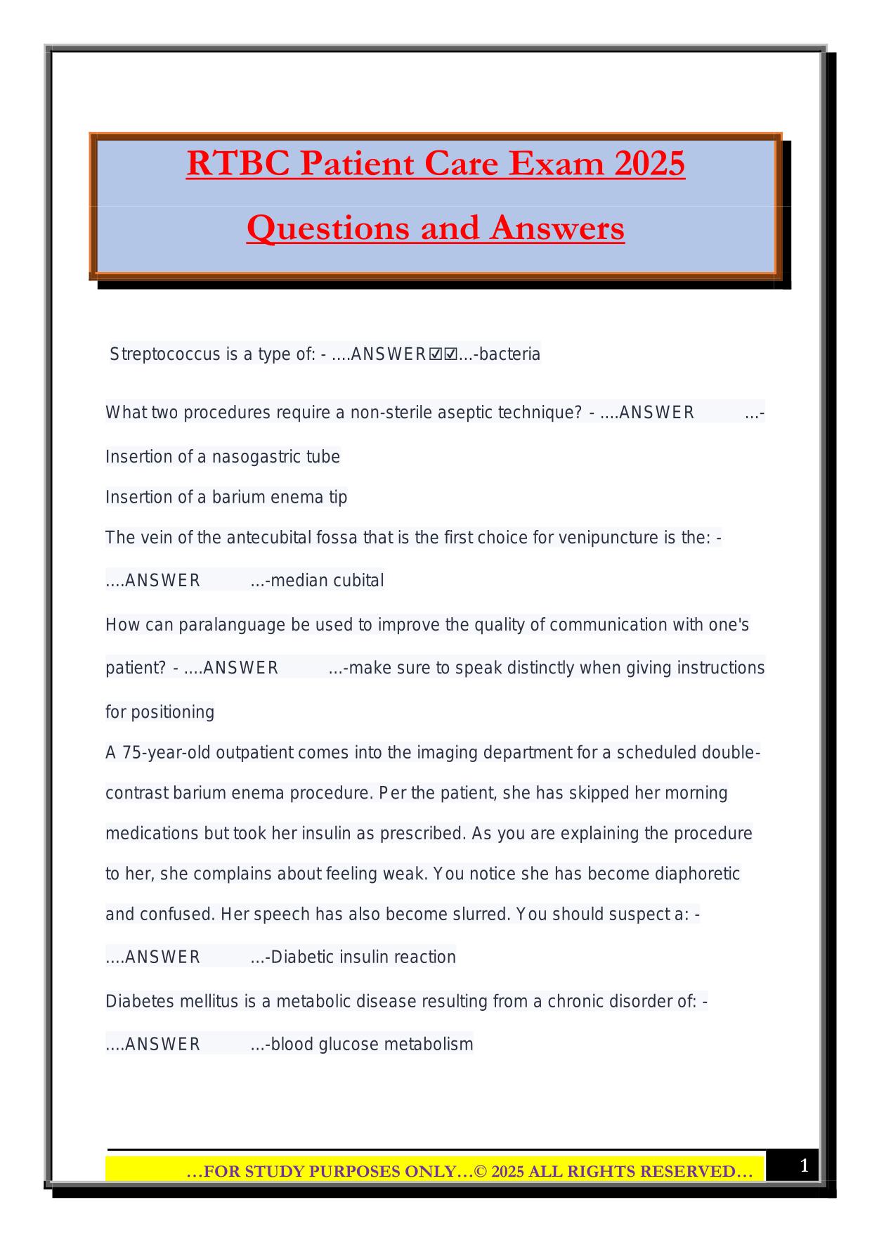 RTBC Patient Care Exam 2025 Questions and Answers