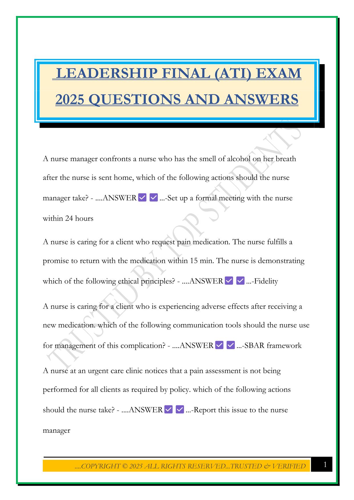 LEADERSHIP FINAL (ATI) EXAM 2025 QUESTIONS AND ANSWERS