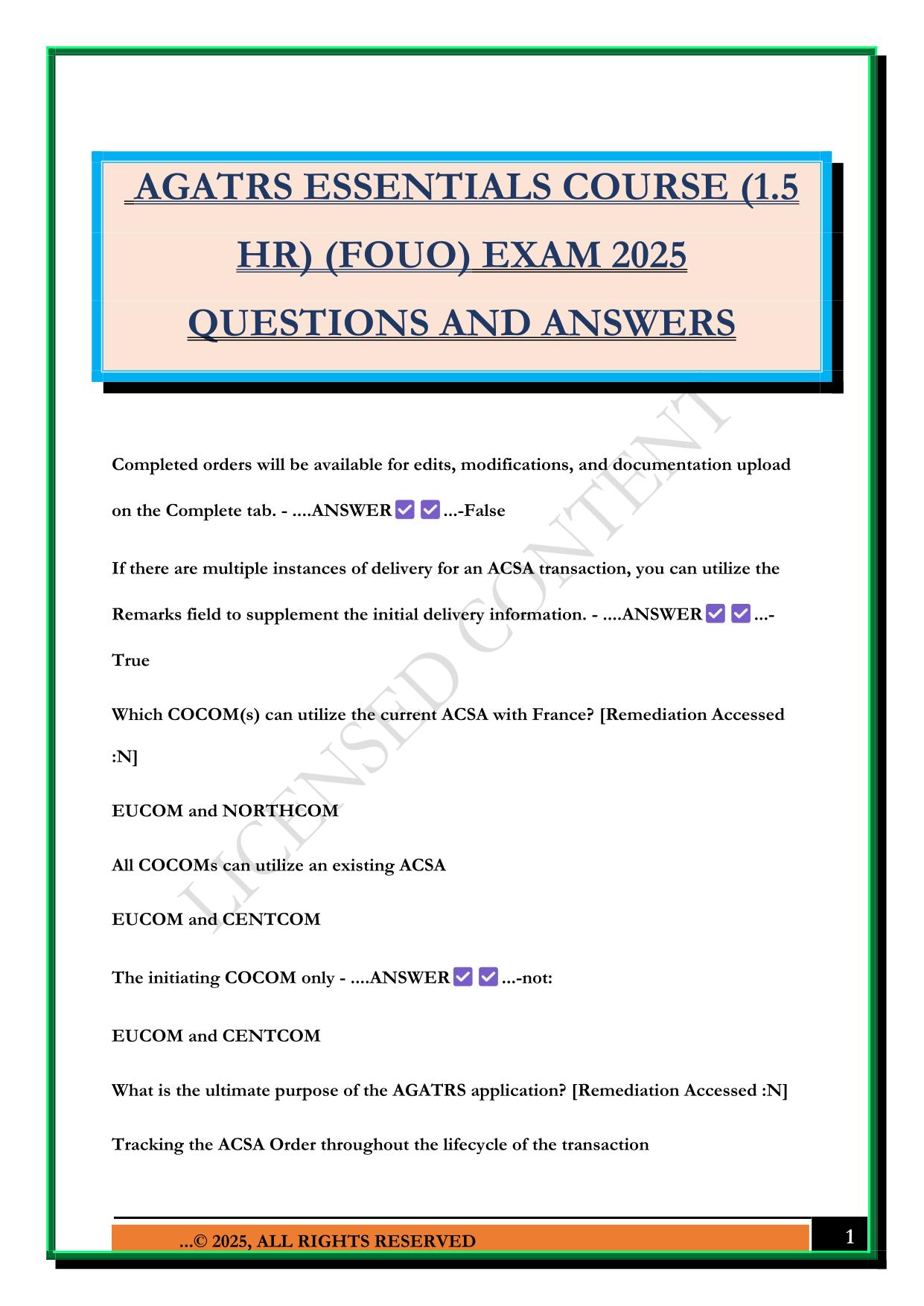 AGATRS ESSENTIALS COURSE (1.5 HR) (FOUO) EXAM 2025 QUESTIONS AND ANSWERS