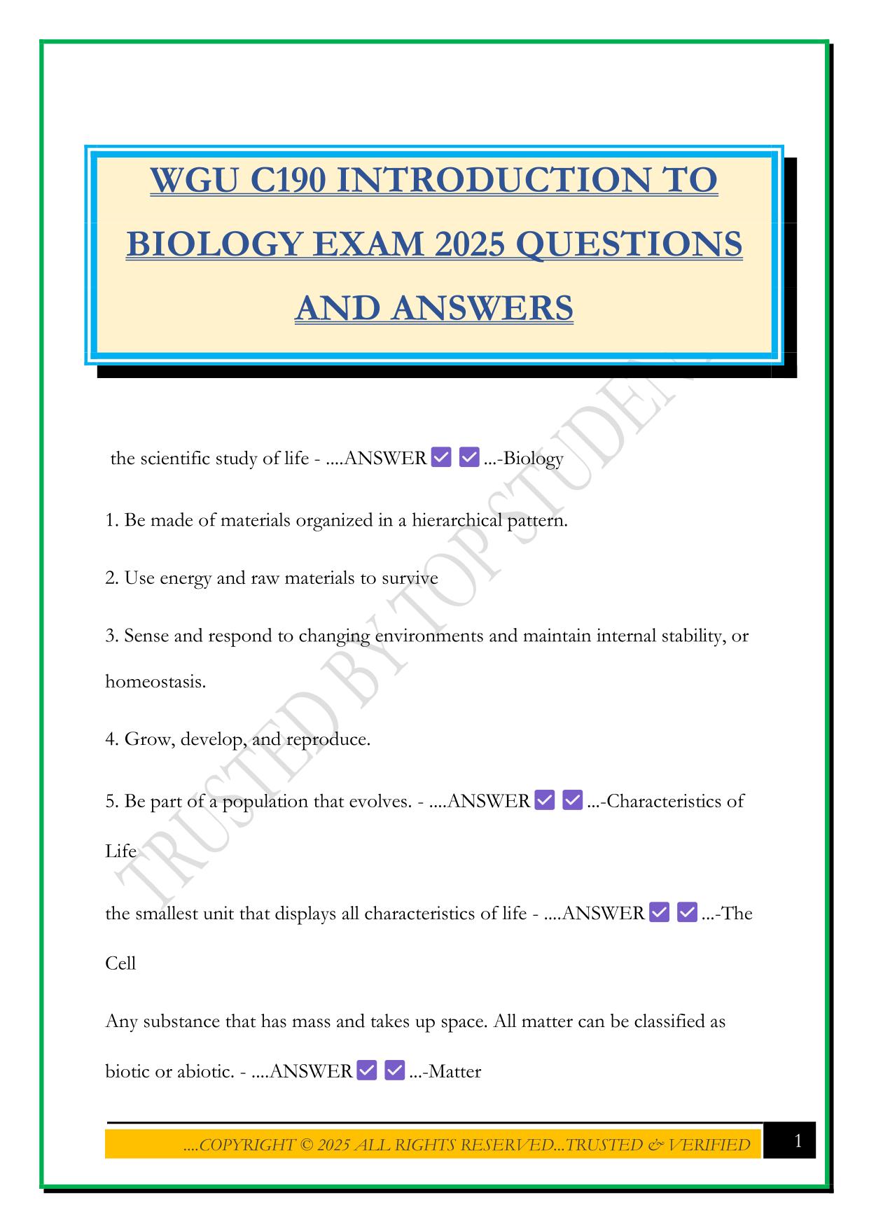 WGU C190 INTRODUCTION TO BIOLOGY EXAM 2025 QUESTIONS AND ANSWERS