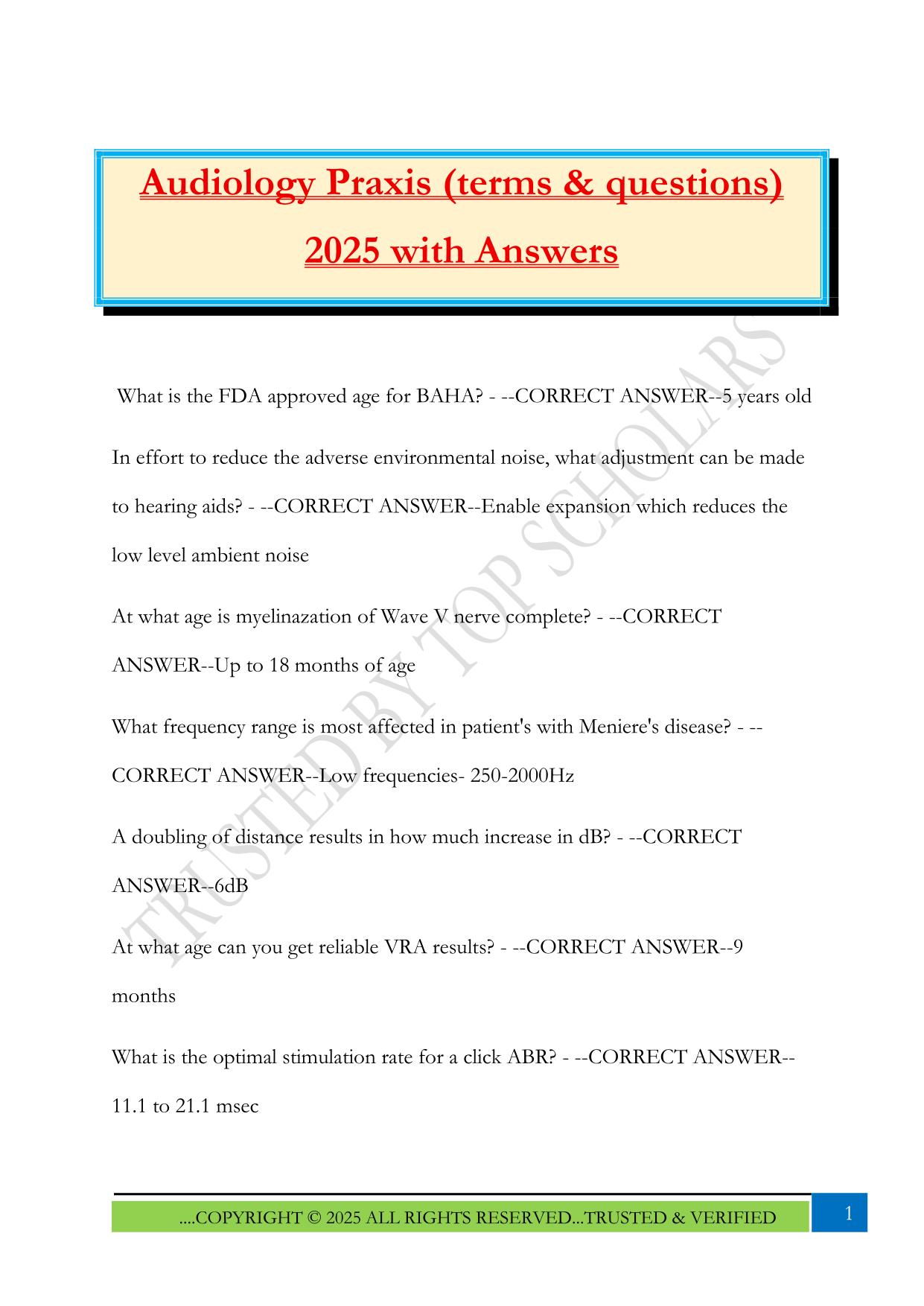Audiology Praxis (terms & questions) 2025 with Answers