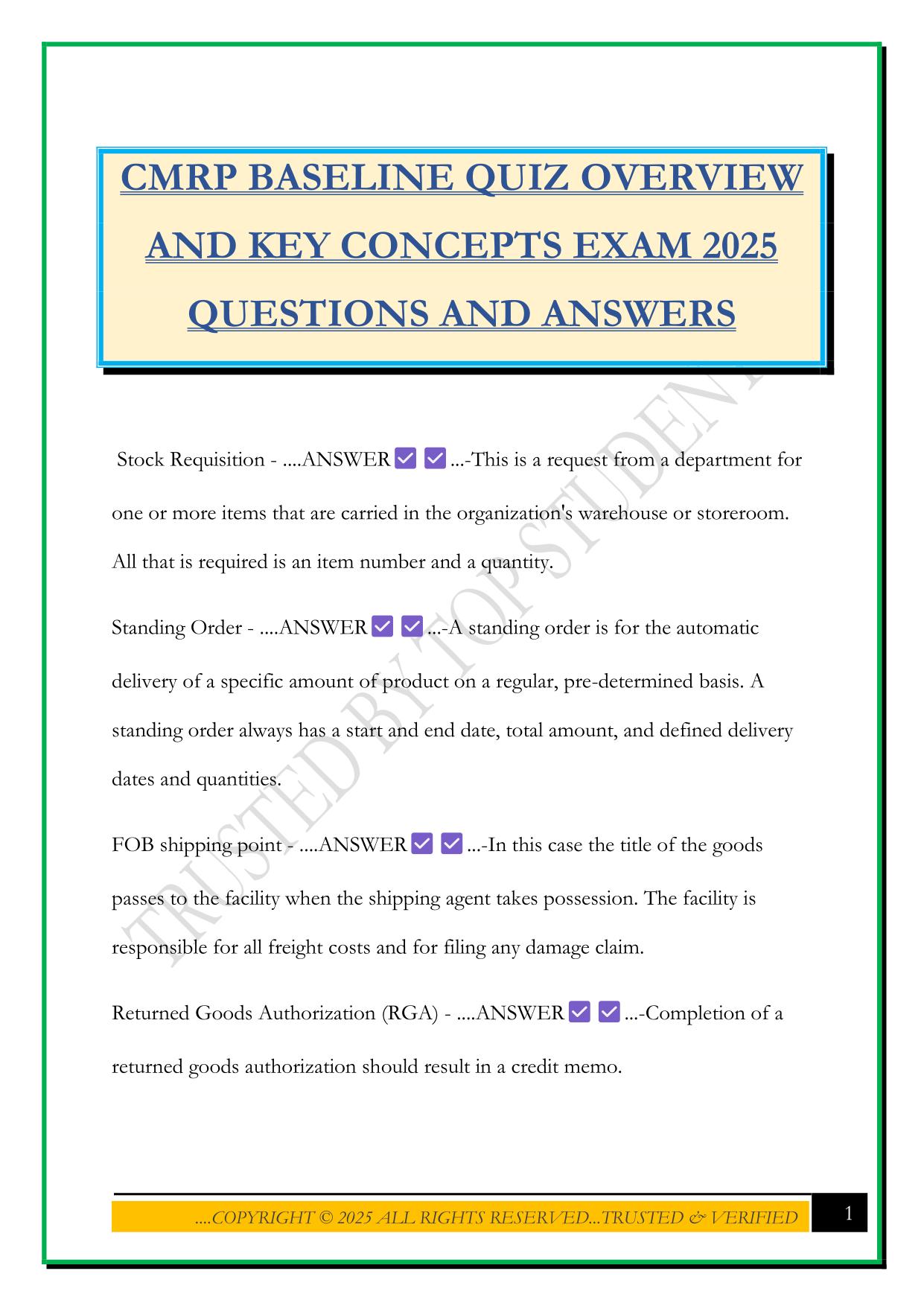 CMRP BASELINE QUIZ OVERVIEW AND KEY CONCEPTS EXAM 2025 QUESTIONS AND ANSWERS