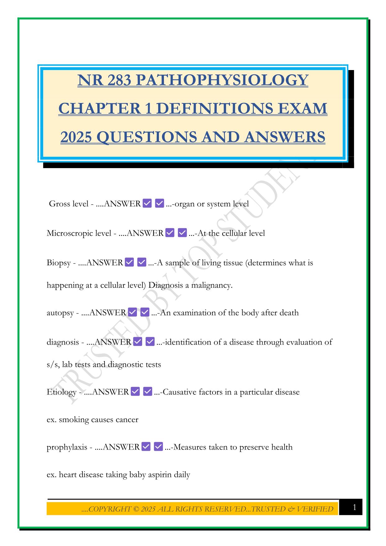 NR 283 PATHOPHYSIOLOGY CHAPTER 1 DEFINITIONS EXAM 2025 QUESTIONS AND ANSWERS