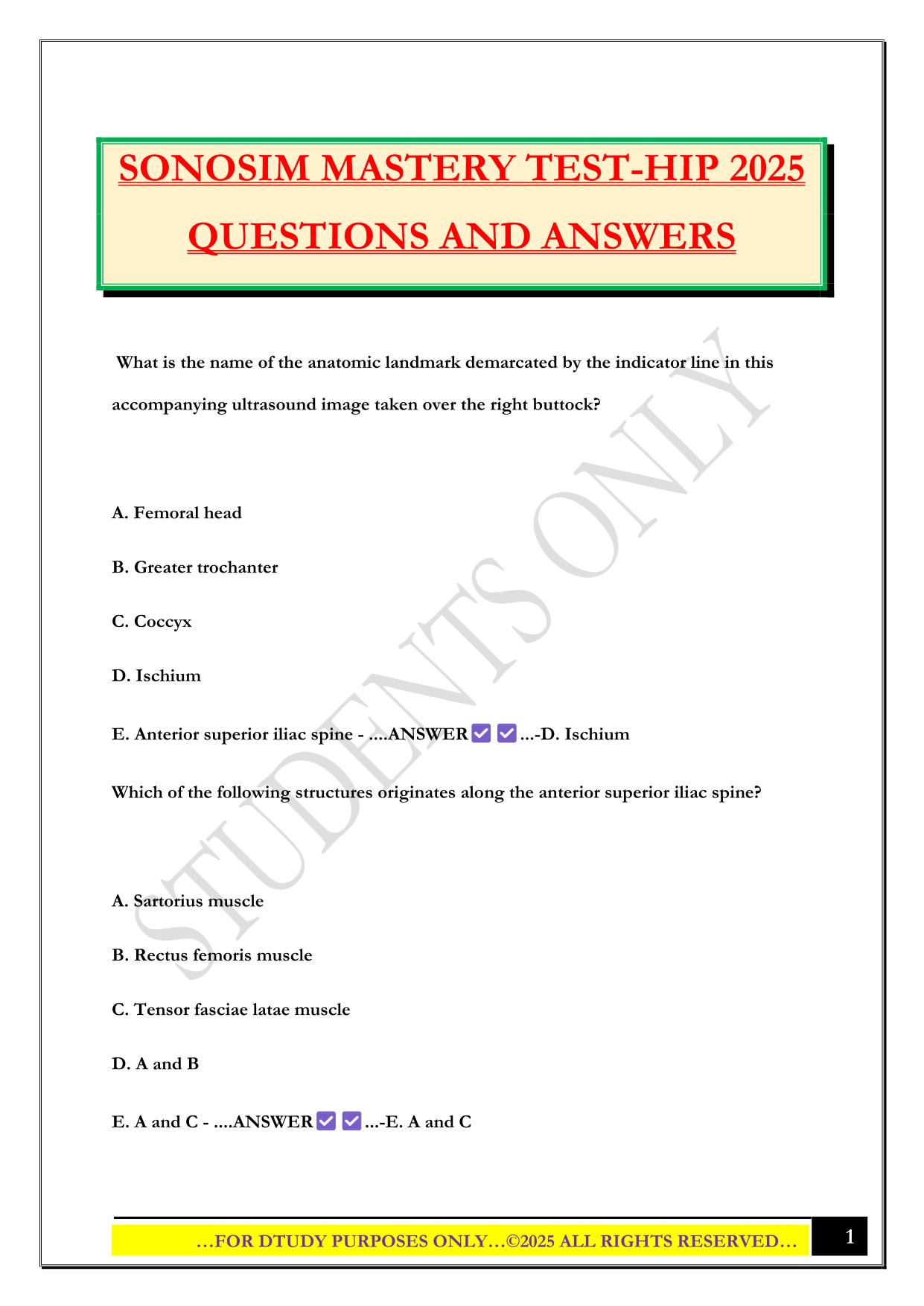 SONOSIM MASTERY TEST-HIP 2025 QUESTIONS AND ANSWERS