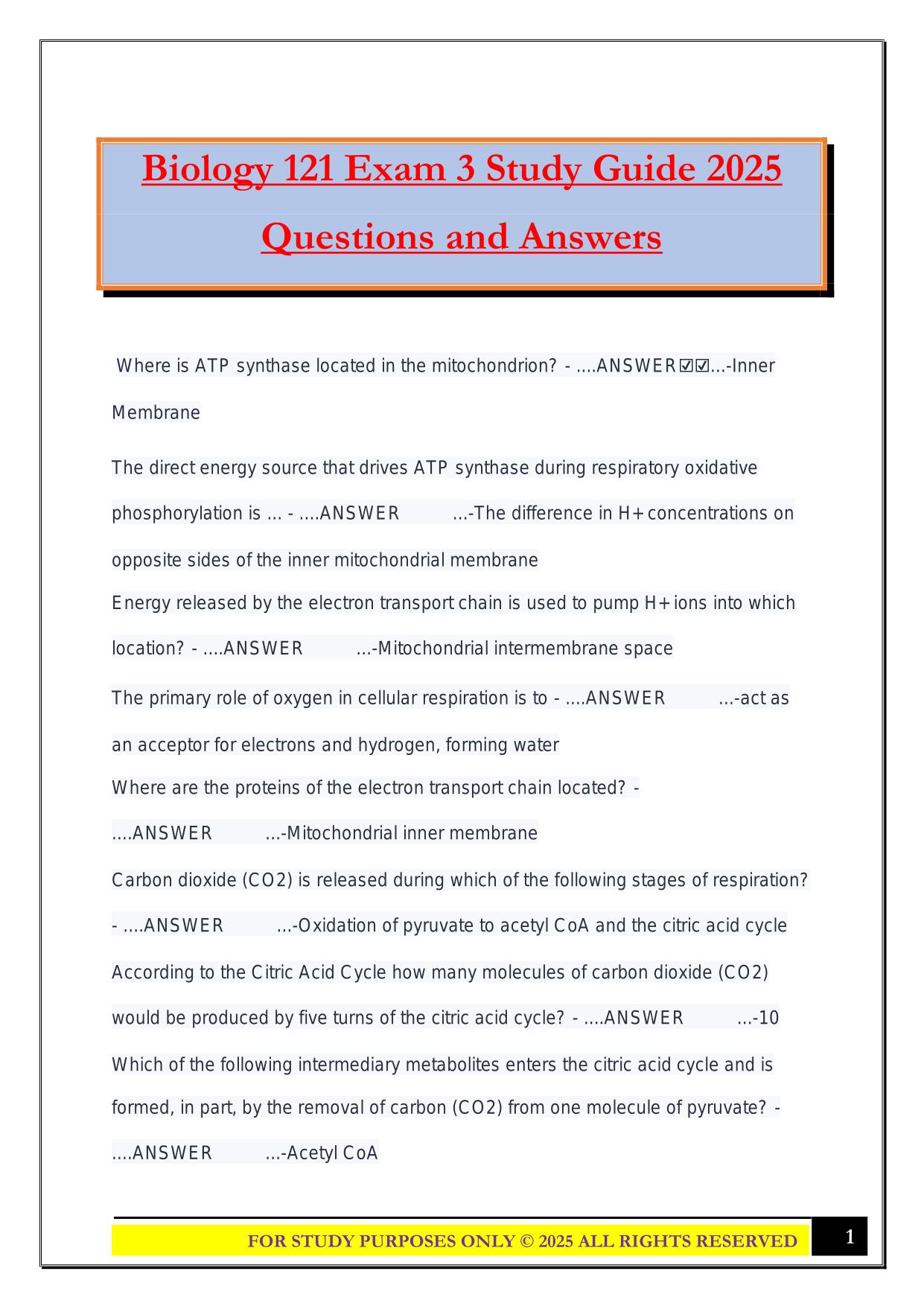 Biology 121 Exam 3 Study Guide 2025 Questions and Answers