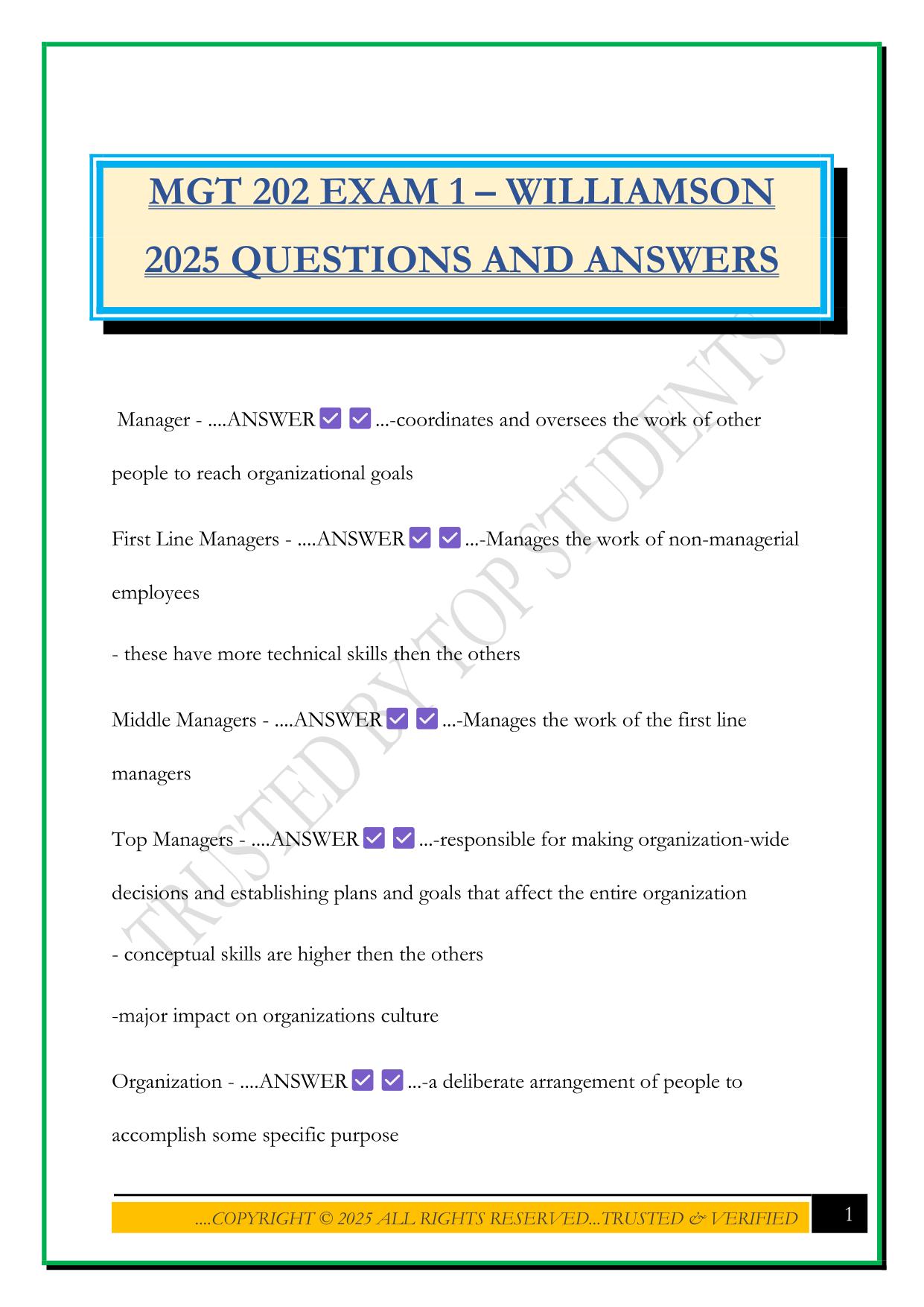 MGT 202 EXAM 1 – WILLIAMSON 2025 QUESTIONS AND ANSWERS