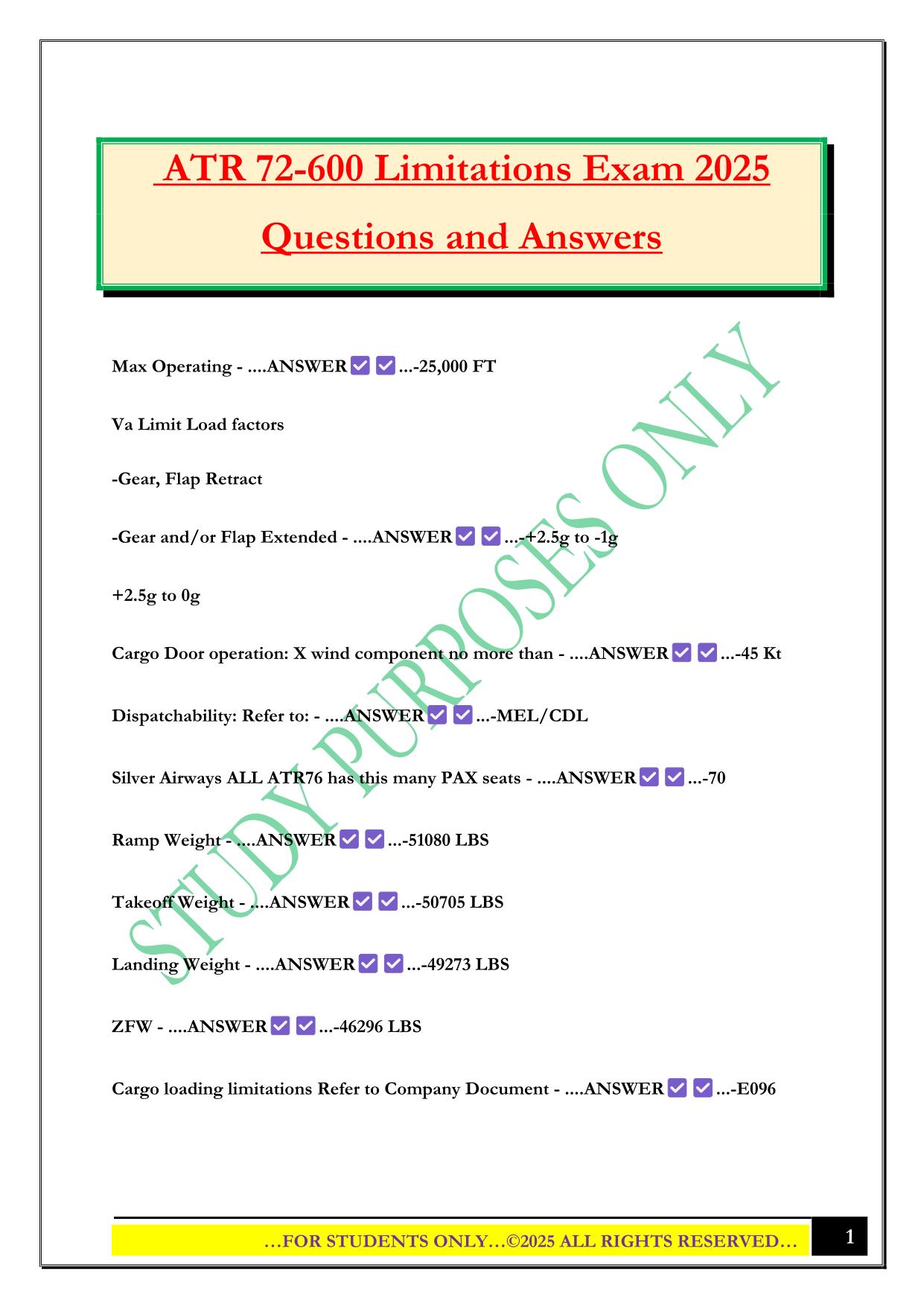 ATR 72-600 Limitations Exam 2025 Questions and Answers