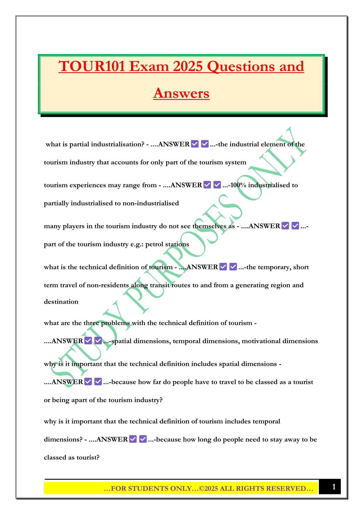 TOUR101 Exam 2025 Questions and Answers
