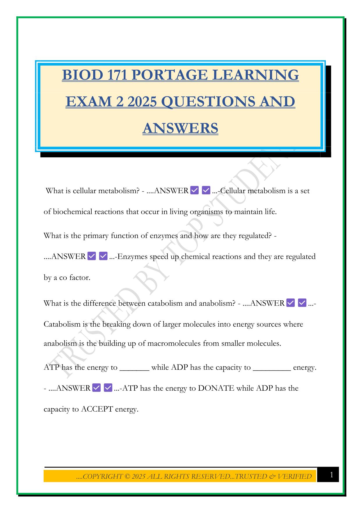 BIOD 171 PORTAGE LEARNING EXAM 2 2025 QUESTIONS AND ANSWERS