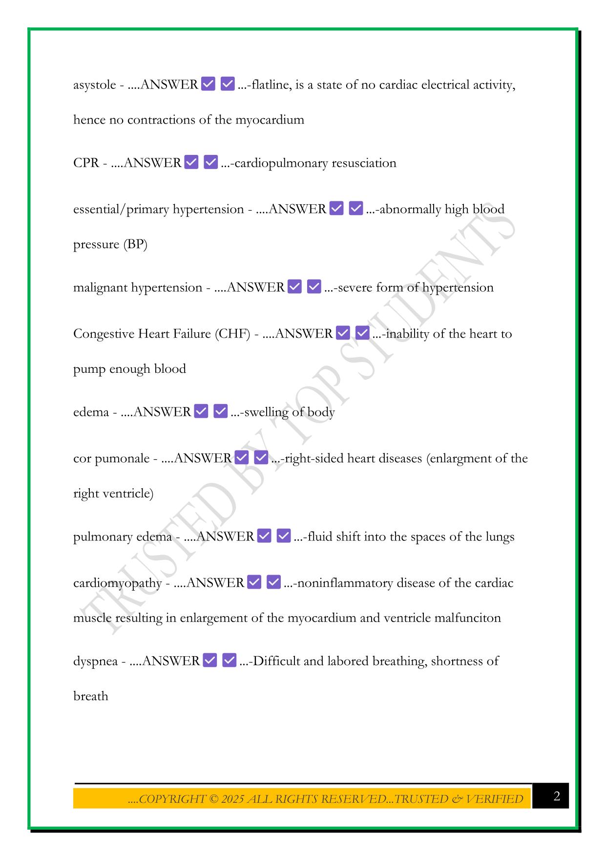 HOSA PATHOPHYSIOLOGY (CIRCULATORY/BLOOD VESSELS/ LYMPHATIC) EXAM 2025 QUESTIONS AND ANSWERS