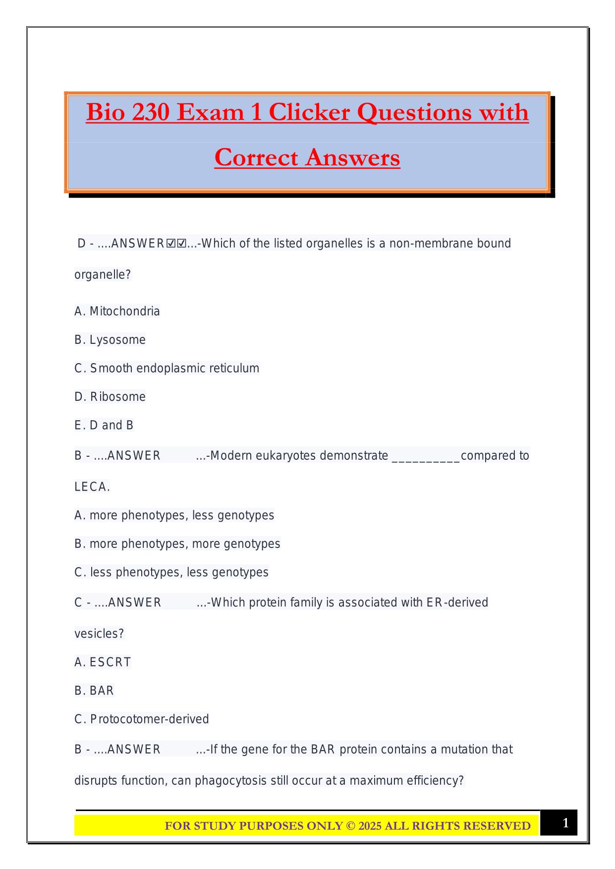 Bio 230 Exam 1 Clicker Questions with Correct Answers