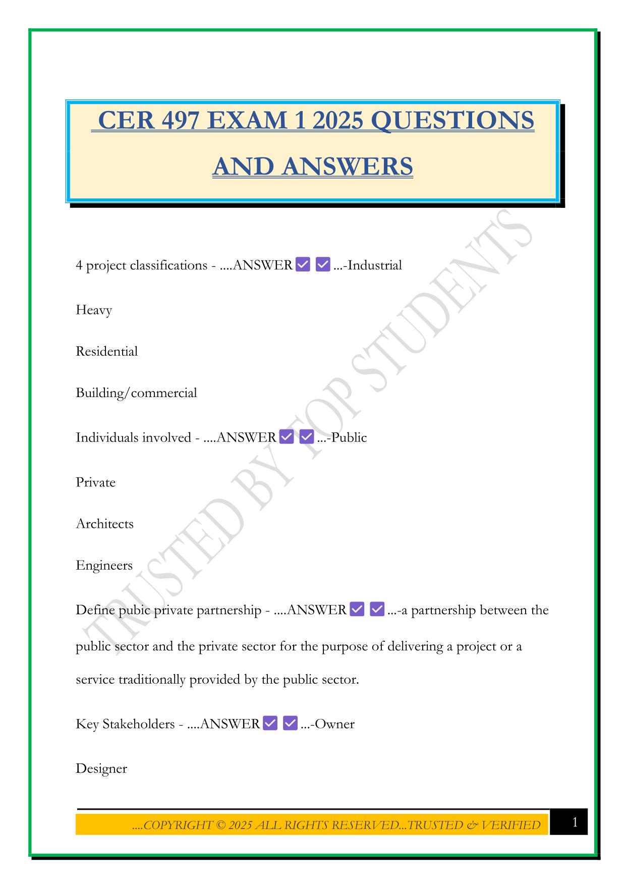 CER 497 EXAM 1 2025 QUESTIONS AND ANSWERS