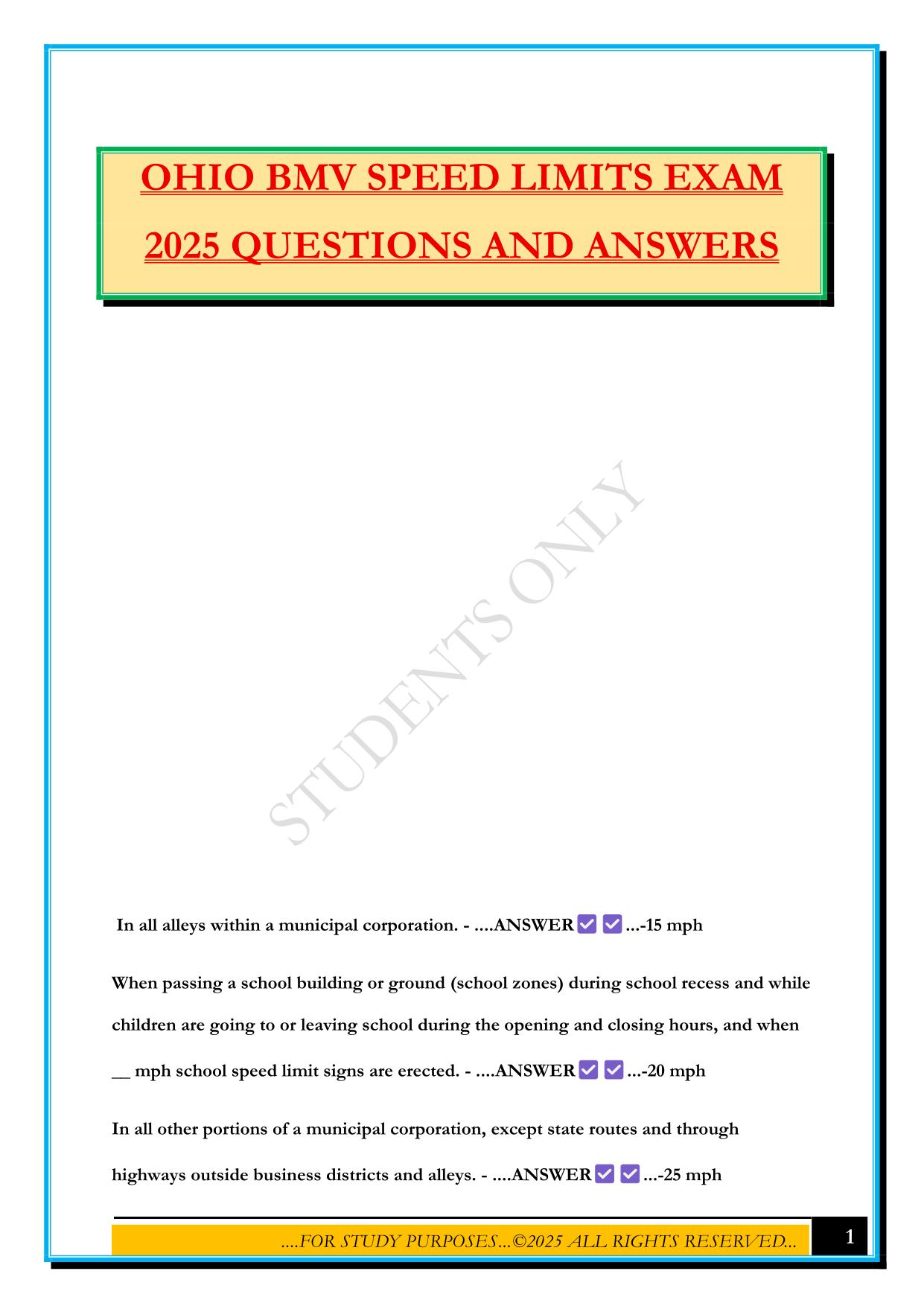 OHIO BMV SPEED LIMITS EXAM 2025 QUESTIONS AND ANSWERS