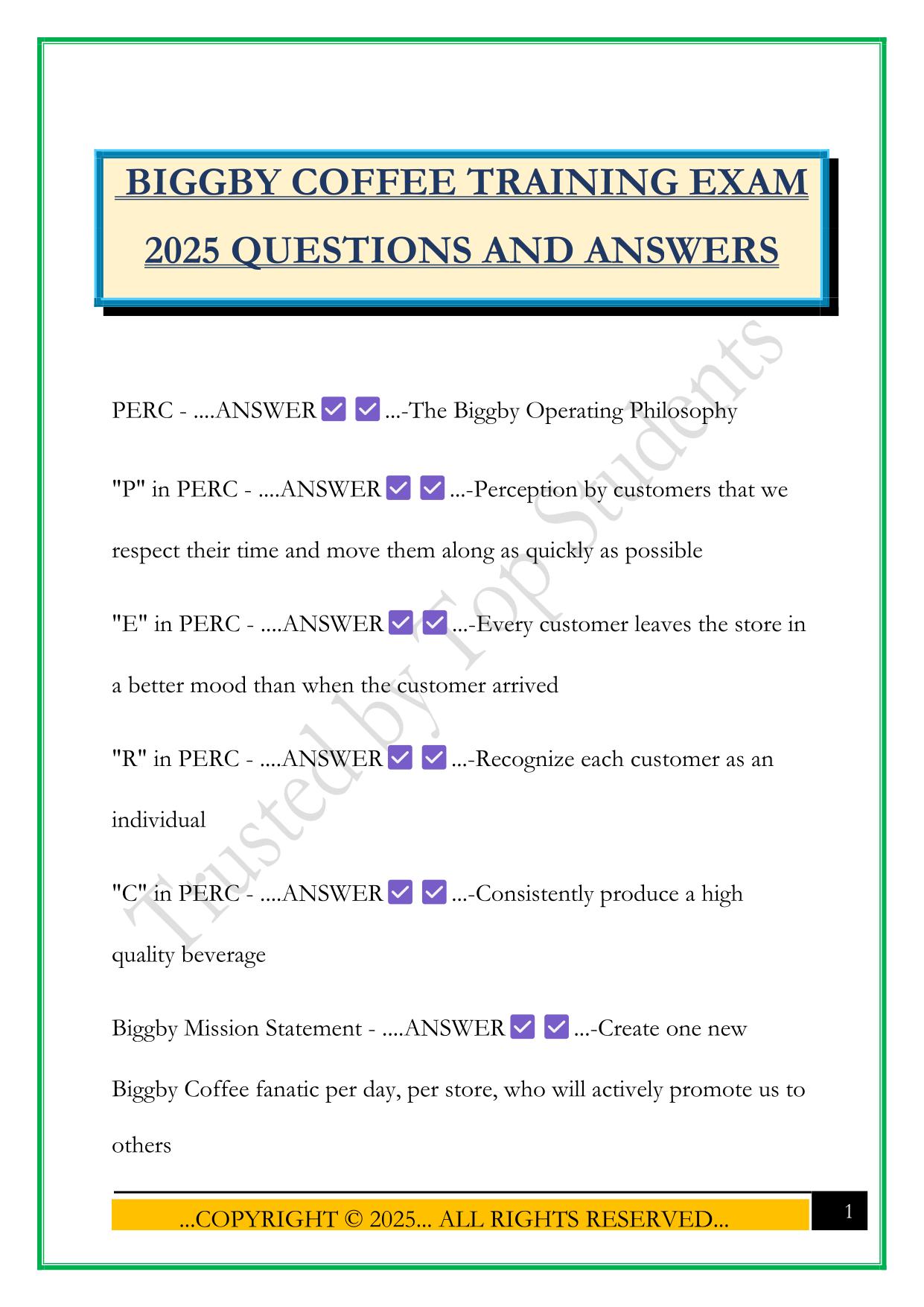 BIGGBY COFFEE TRAINING EXAM 2025 QUESTIONS AND ANSWERS