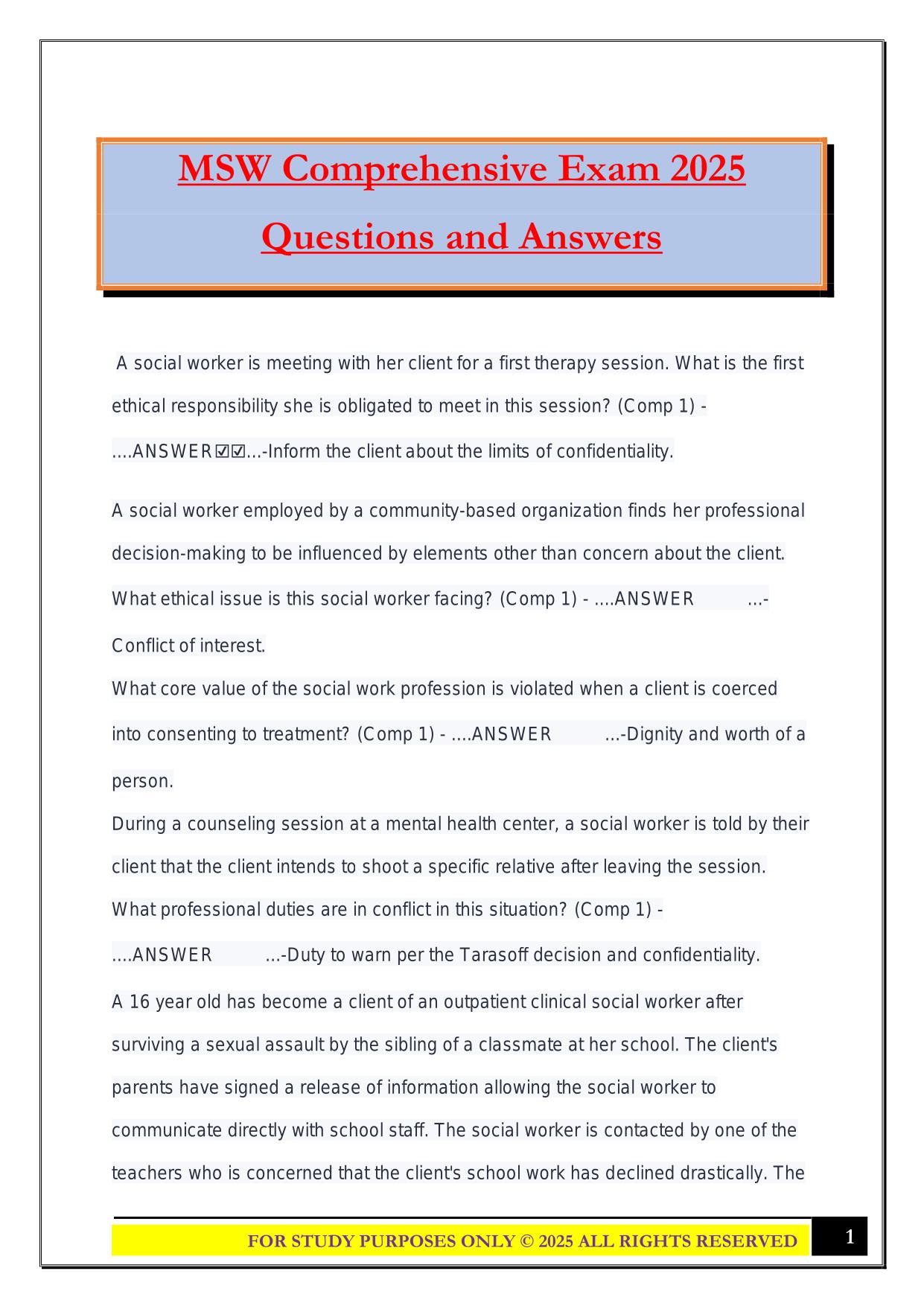 MSW Comprehensive Exam 2025 Questions and Answers