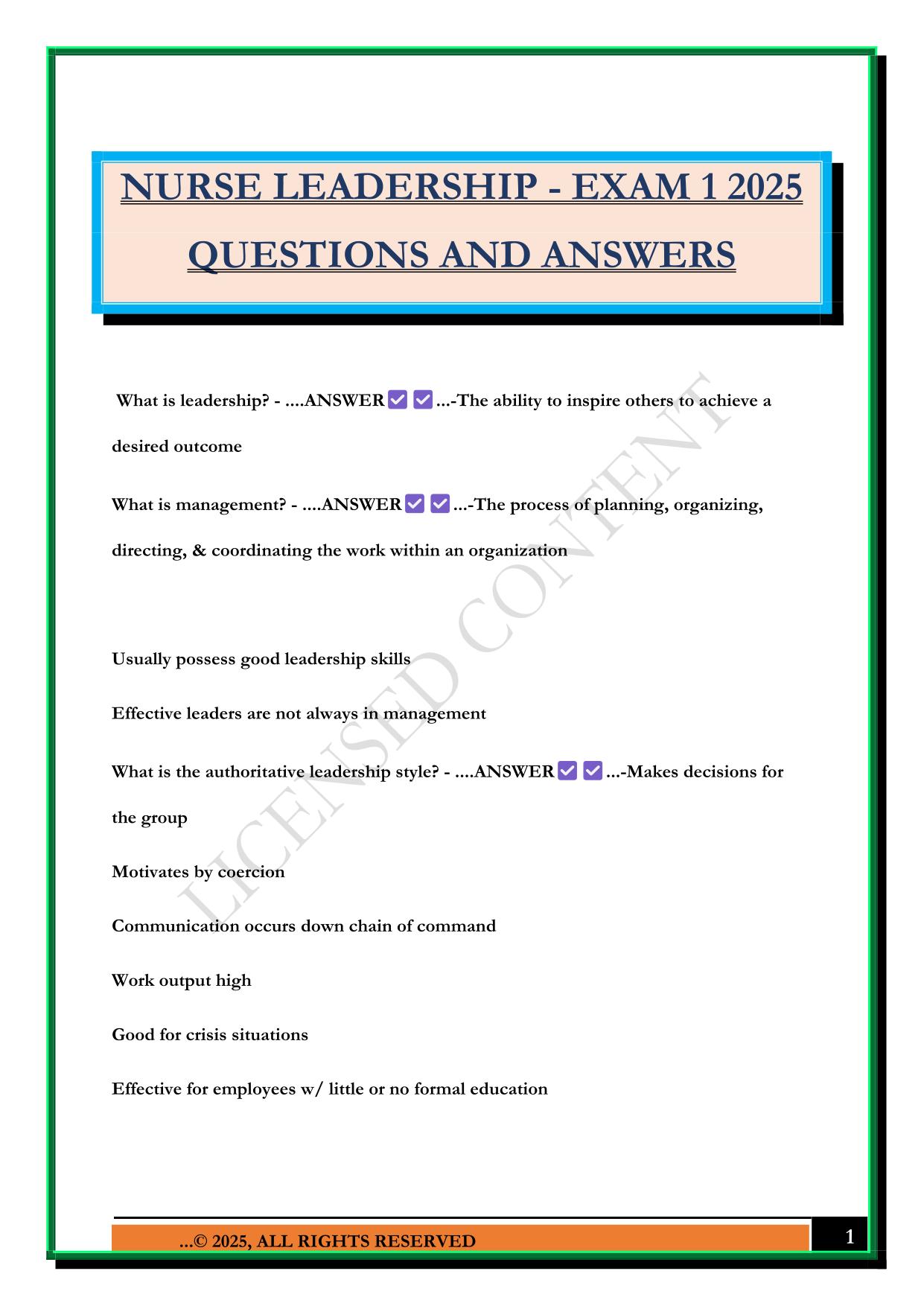 NURSE LEADERSHIP - EXAM 1 2025 QUESTIONS AND ANSWERS