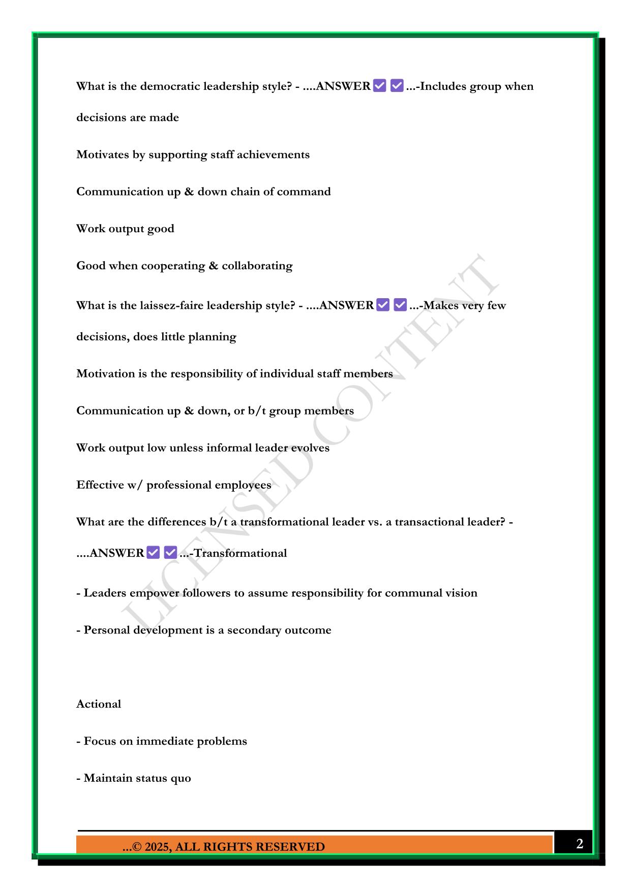 NURSE LEADERSHIP - EXAM 1 2025 QUESTIONS AND ANSWERS