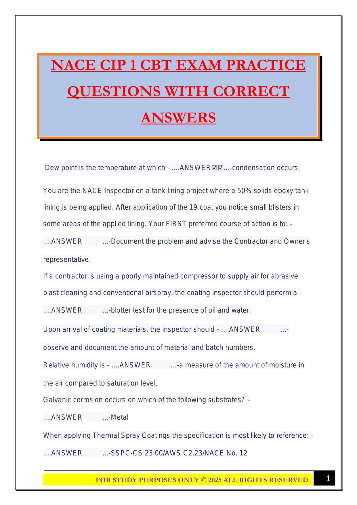 NACE CIP 1 CBT EXAM PRACTICE QUESTIONS WITH CORRECT ANSWERS