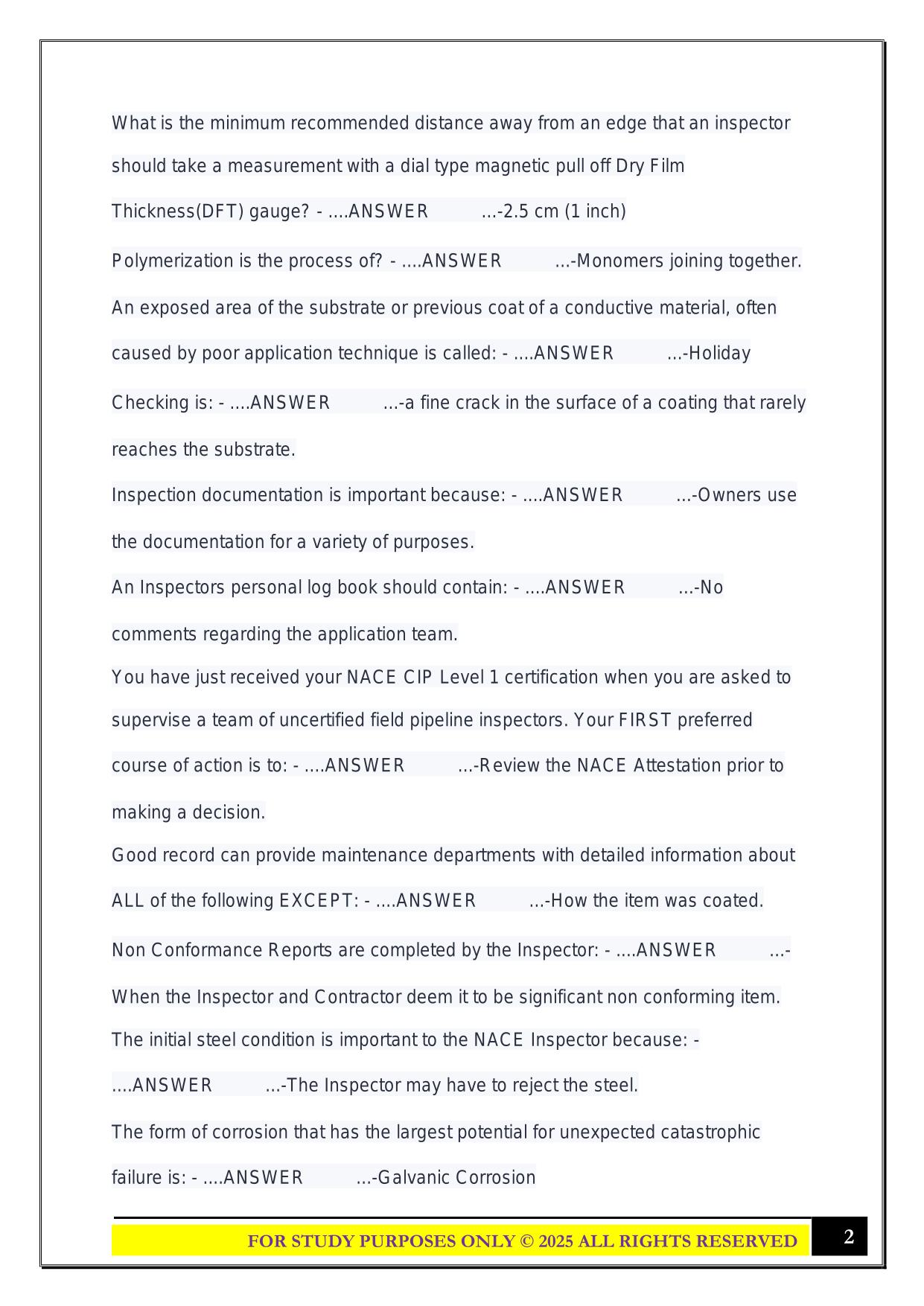 NACE CIP 1 CBT EXAM PRACTICE QUESTIONS WITH CORRECT ANSWERS