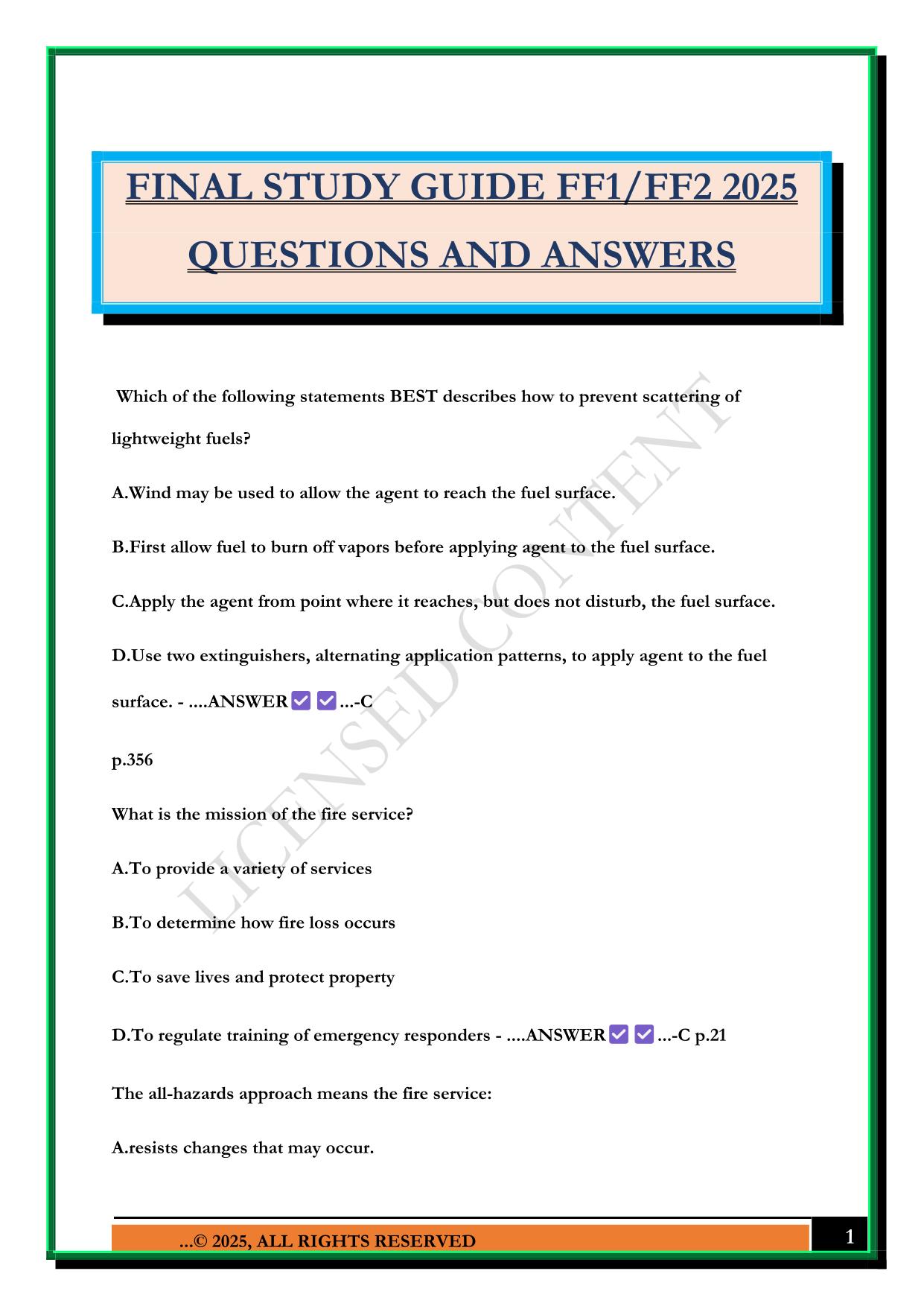 FINAL STUDY GUIDE FF1/FF2 2025 QUESTIONS AND ANSWERS