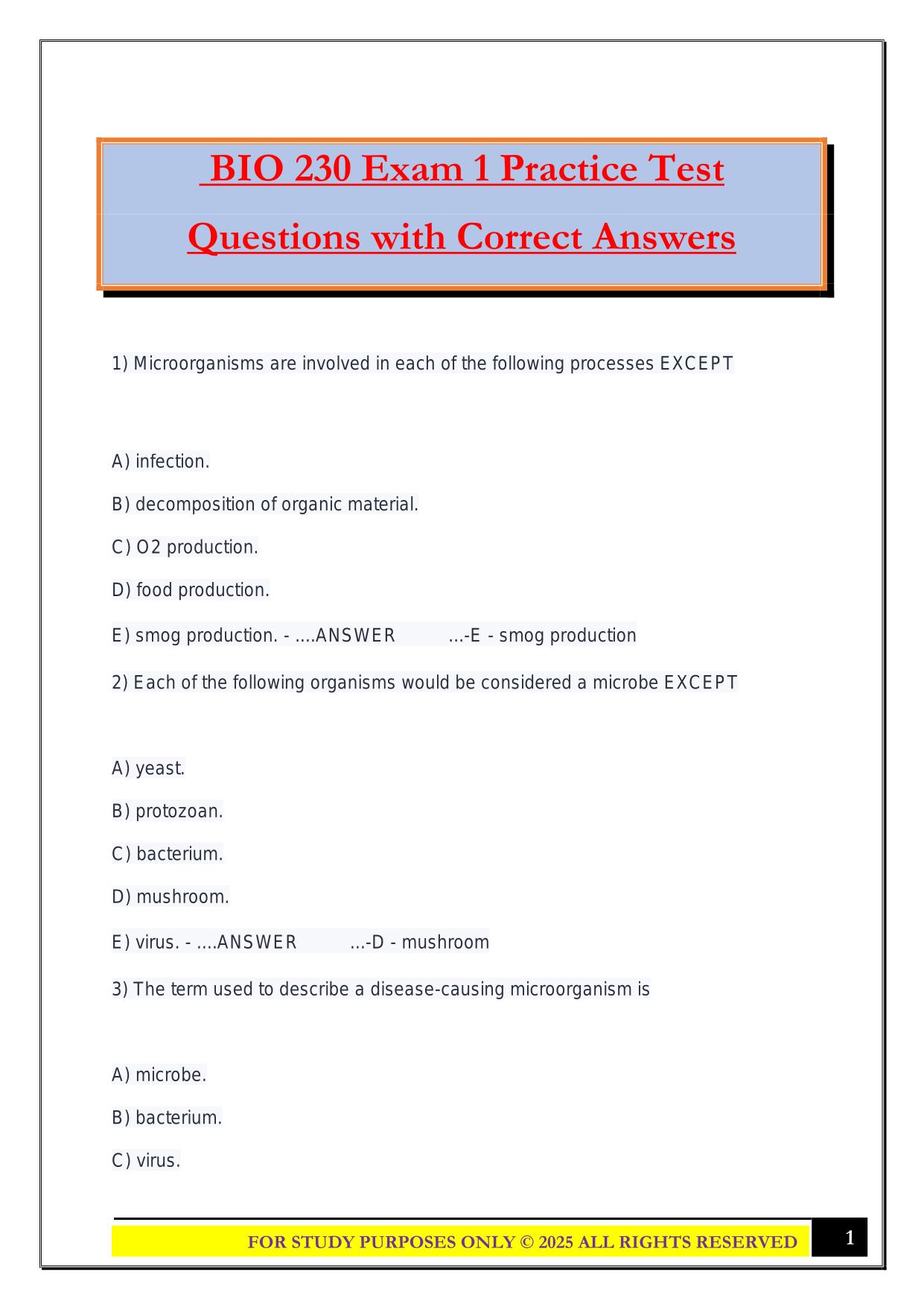 BIO 230 Exam 1 Practice Test Questions with Correct Answers