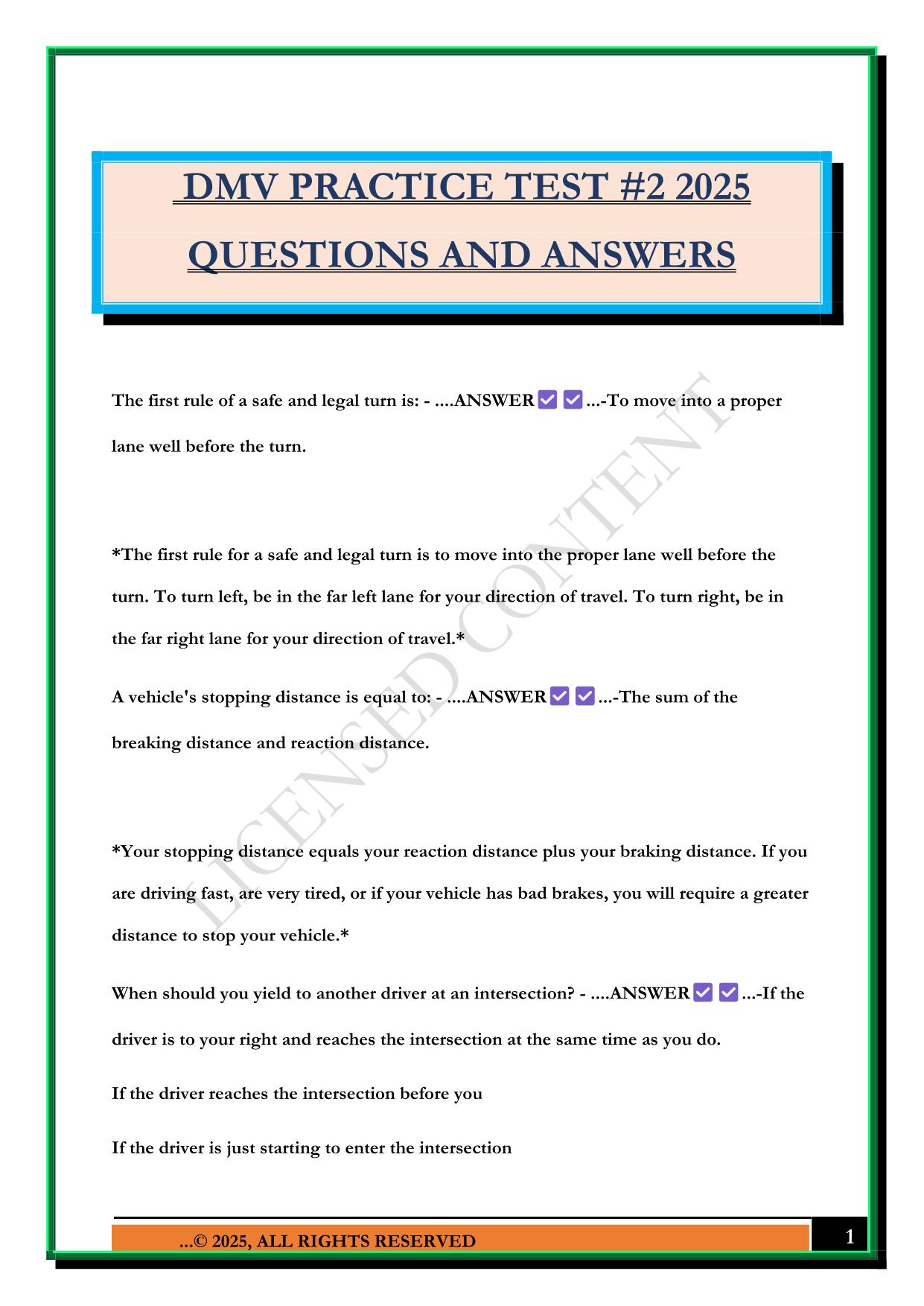 DMV PRACTICE TEST #2 2025 QUESTIONS AND ANSWERS