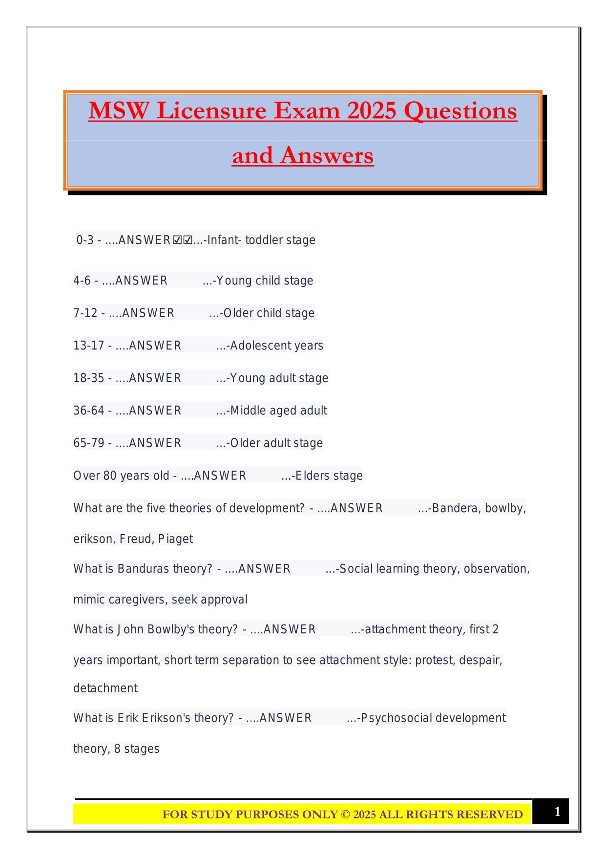 MSW Licensure Exam 2025 Questions and Answers