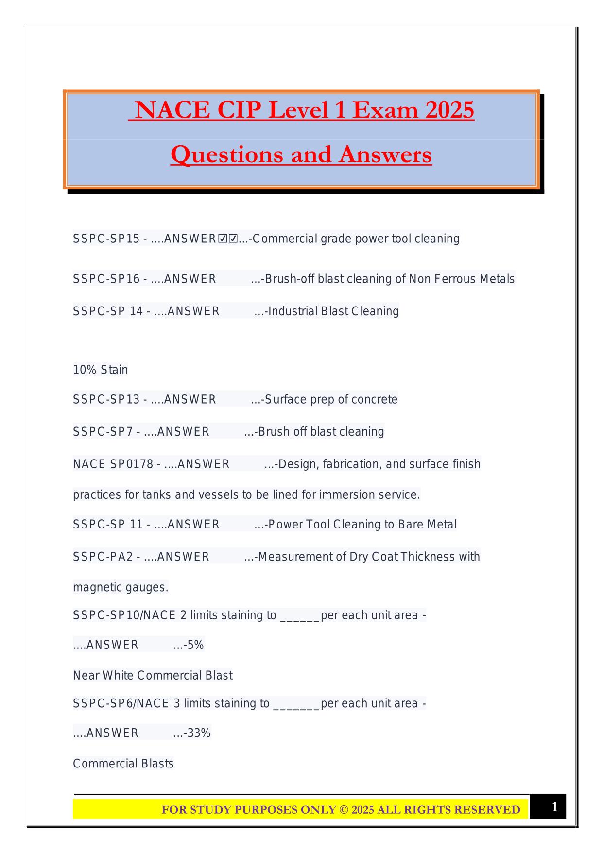 NACE CIP Level 1 Exam 2025 Questions and Answers