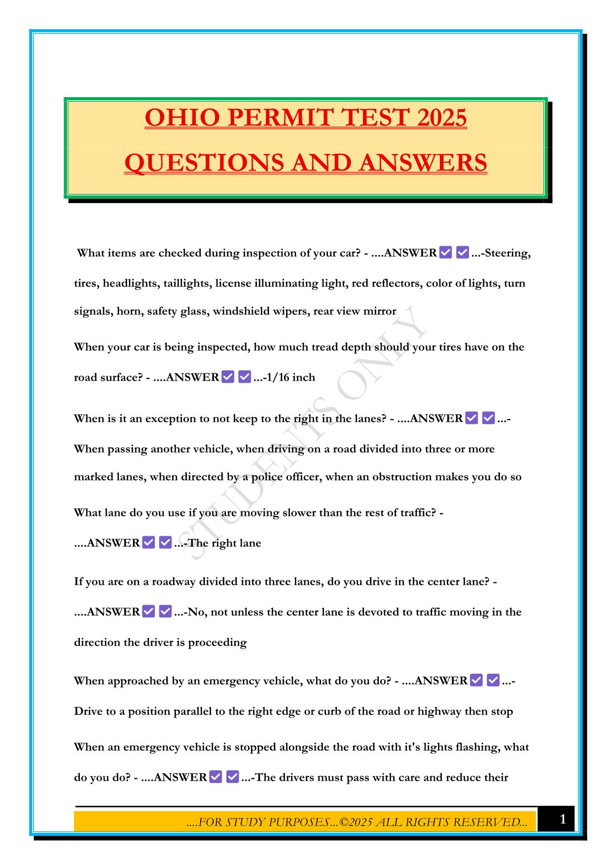 OHIO PERMIT TEST 2025 QUESTIONS AND ANSWERS