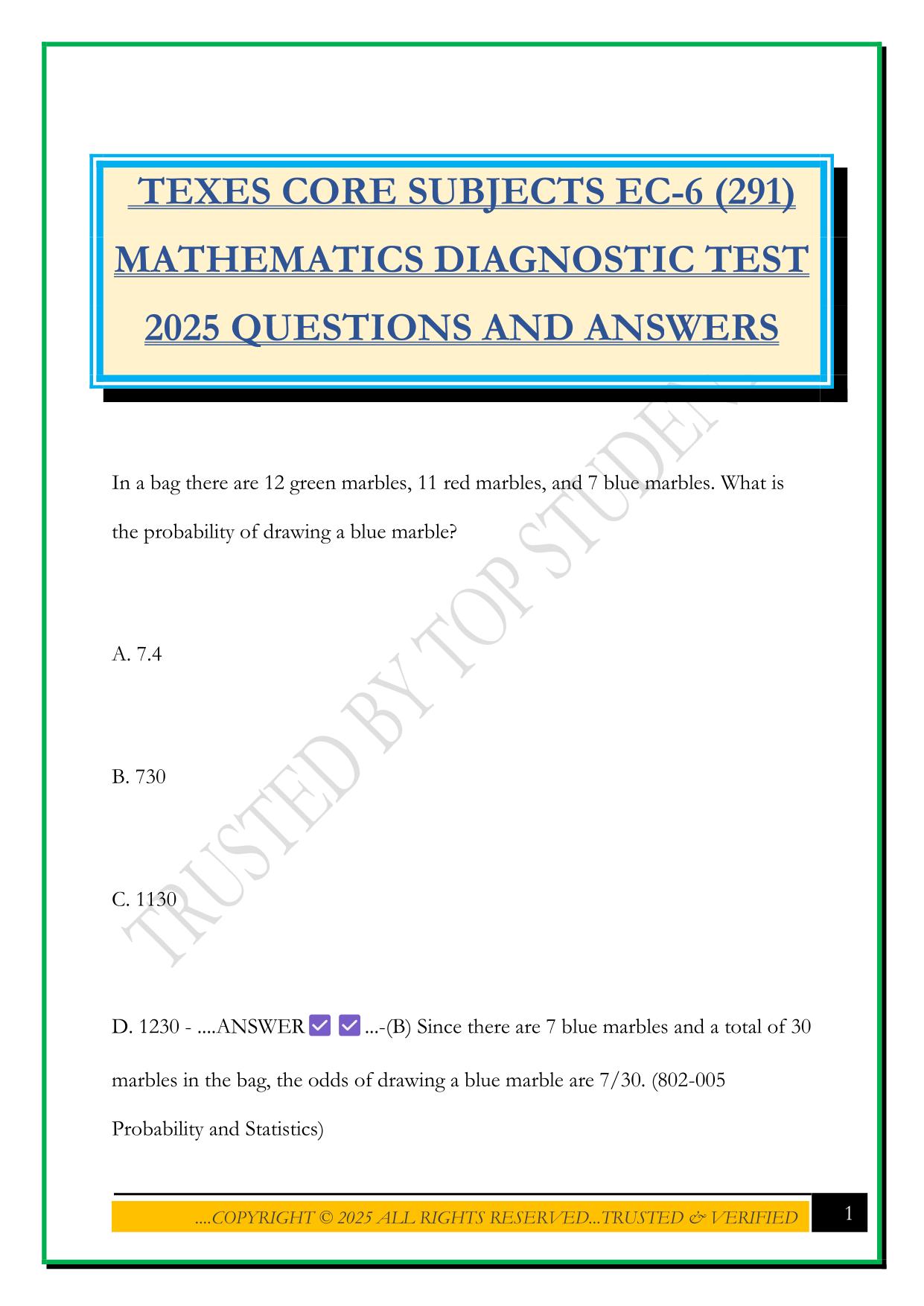 TEXES CORE SUBJECTS EC-6 (291) MATHEMATICS DIAGNOSTIC TEST 2025 QUESTIONS AND ANSWERS