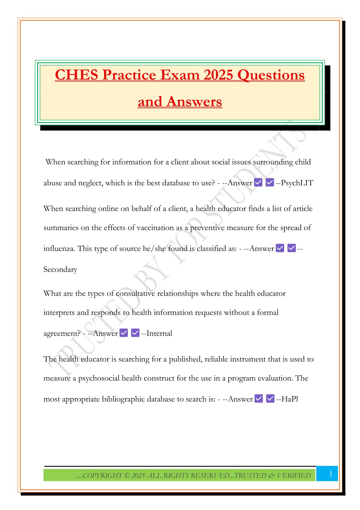 CHES Practice Exam 2025 Questions and Answers