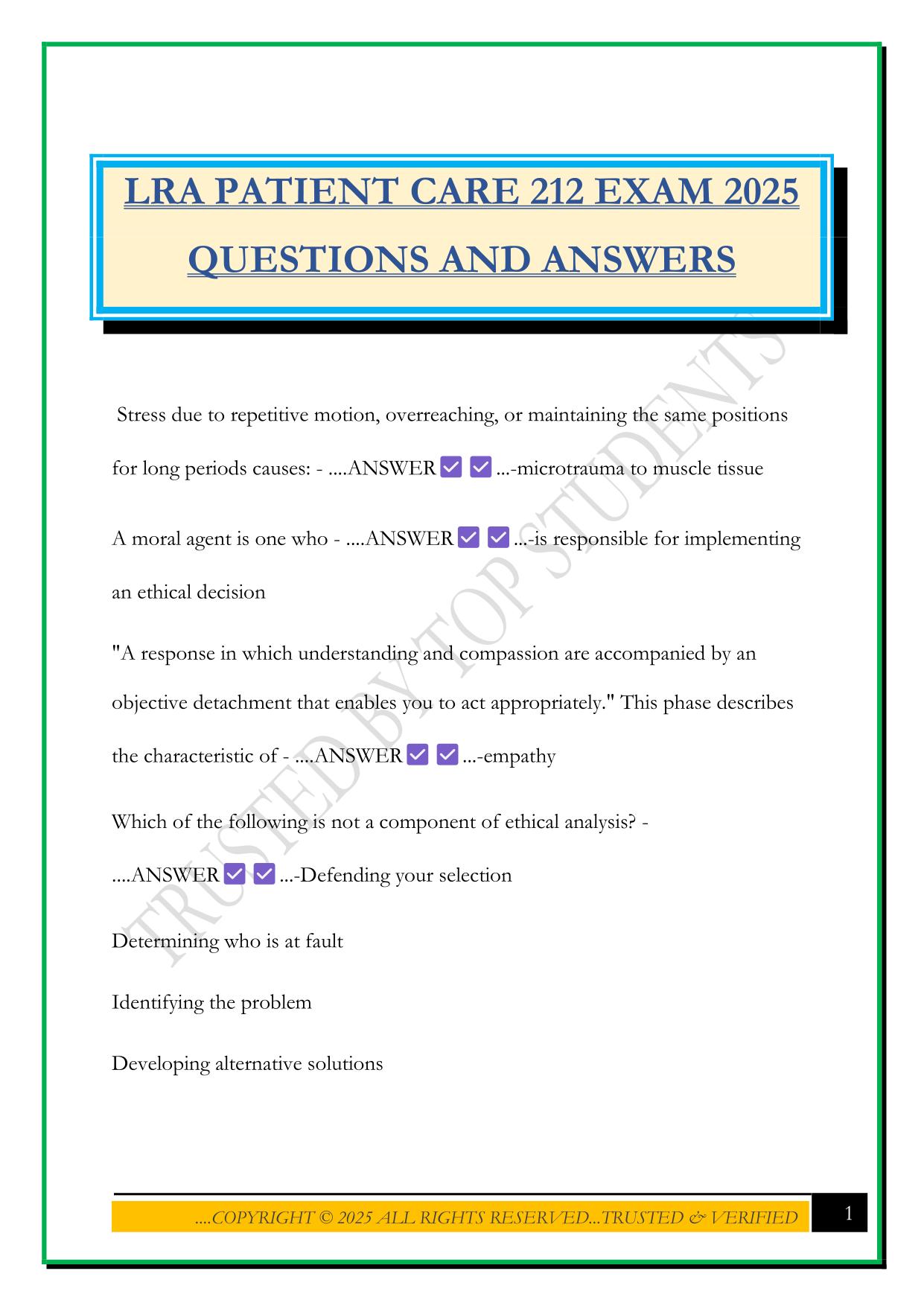 LRA PATIENT CARE 212 EXAM 2025 QUESTIONS AND ANSWERS