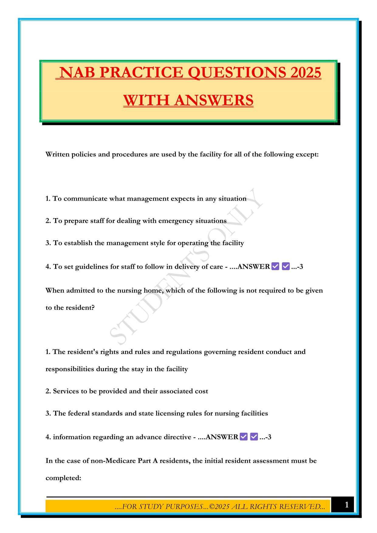NAB PRACTICE QUESTIONS 2025 WITH ANSWERS
