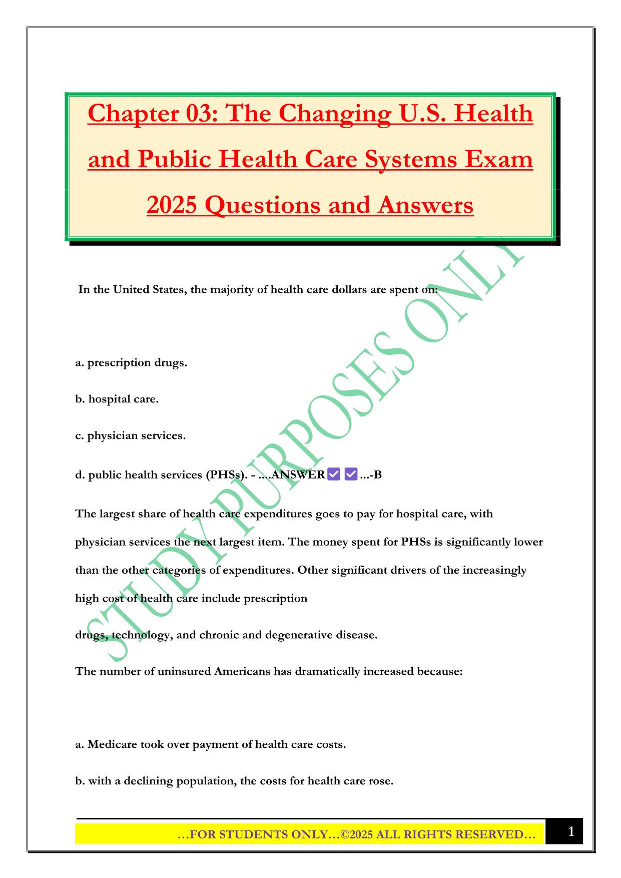 Chapter 03: The Changing U.S. Health and Public Health Care Systems Exam 2025 Questions and Answers
