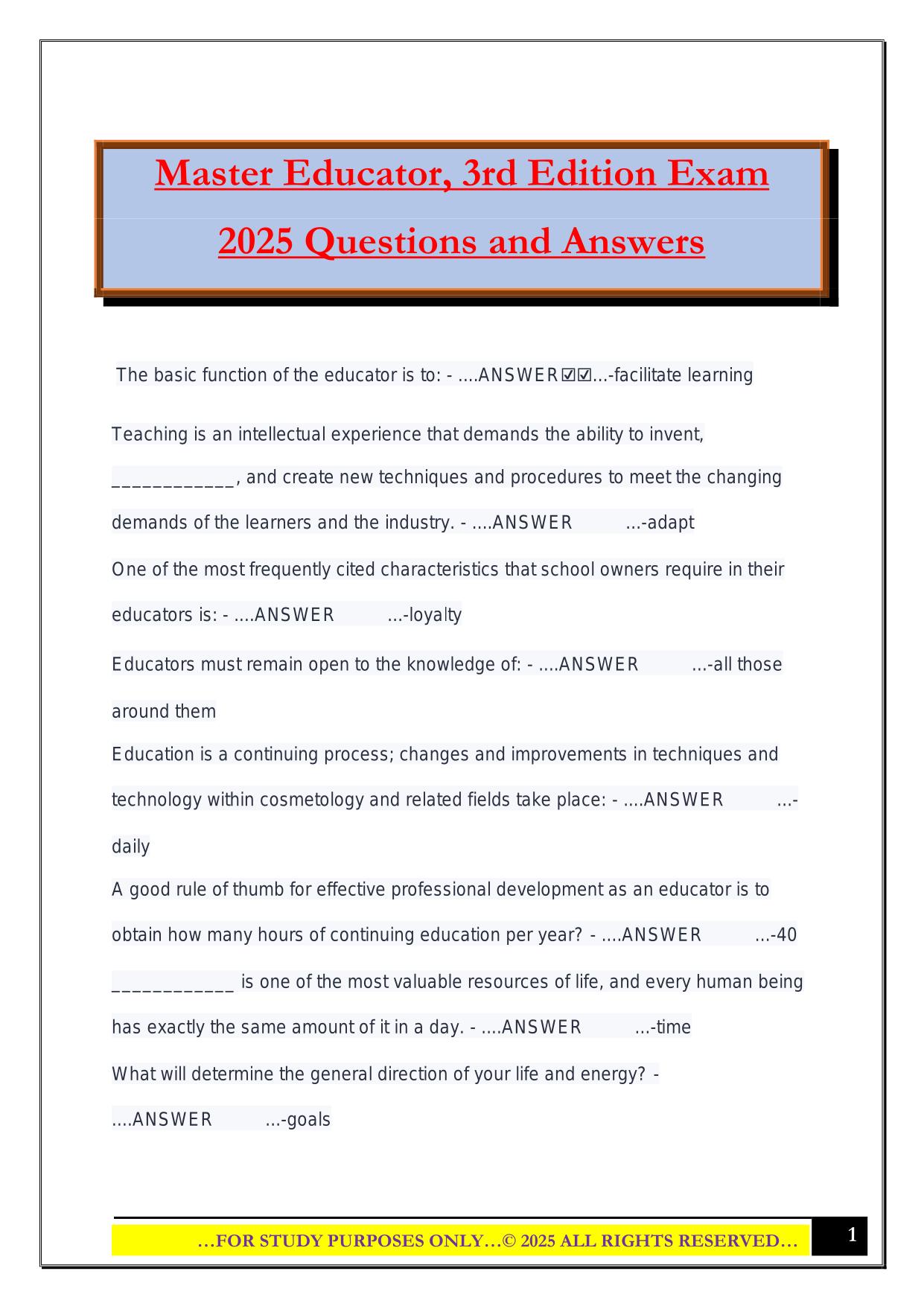 Master Educator, 3rd Edition Exam 2025 Questions and Answers