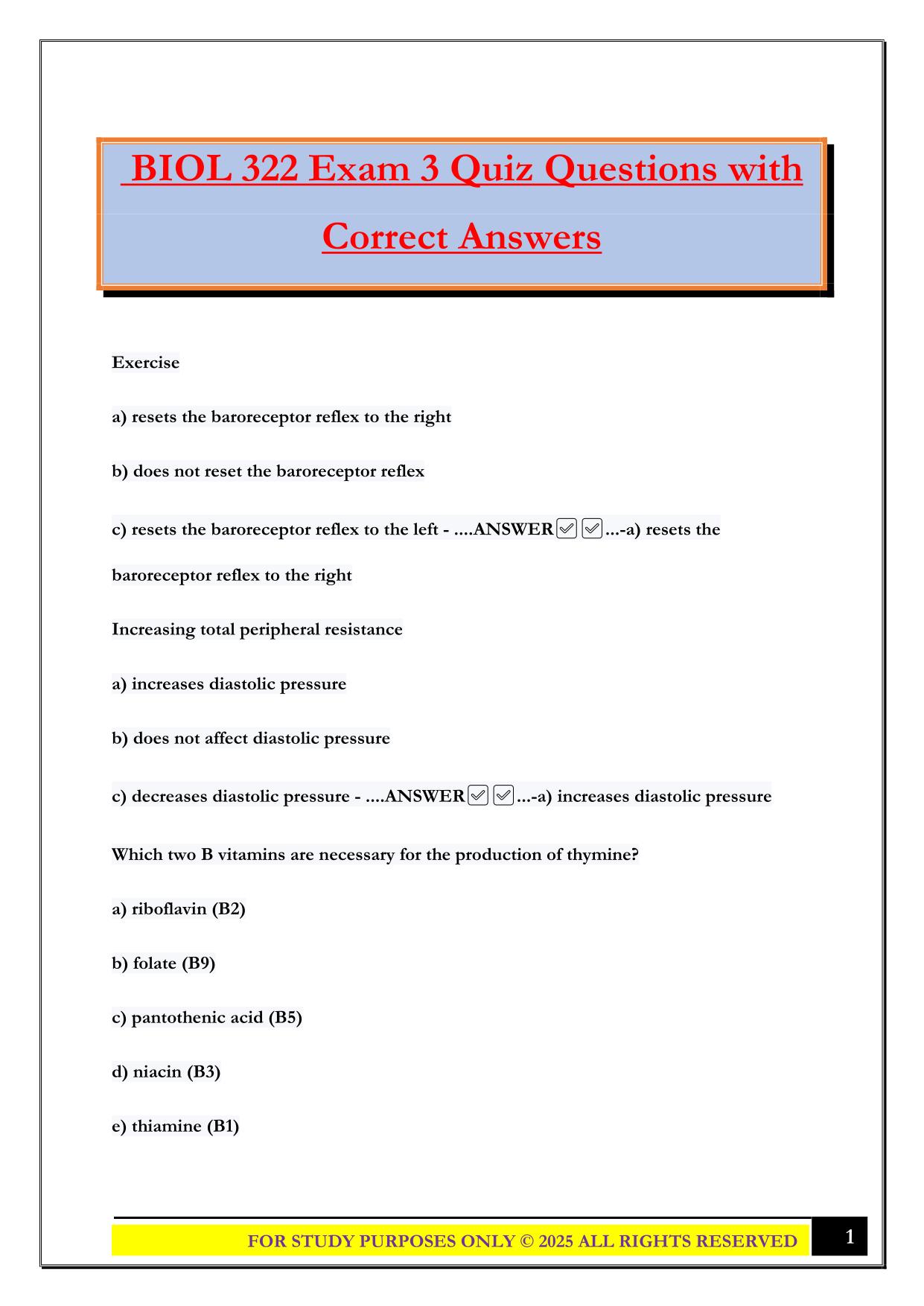 BIOL 322 Exam 3 Quiz Questions with Correct Answers