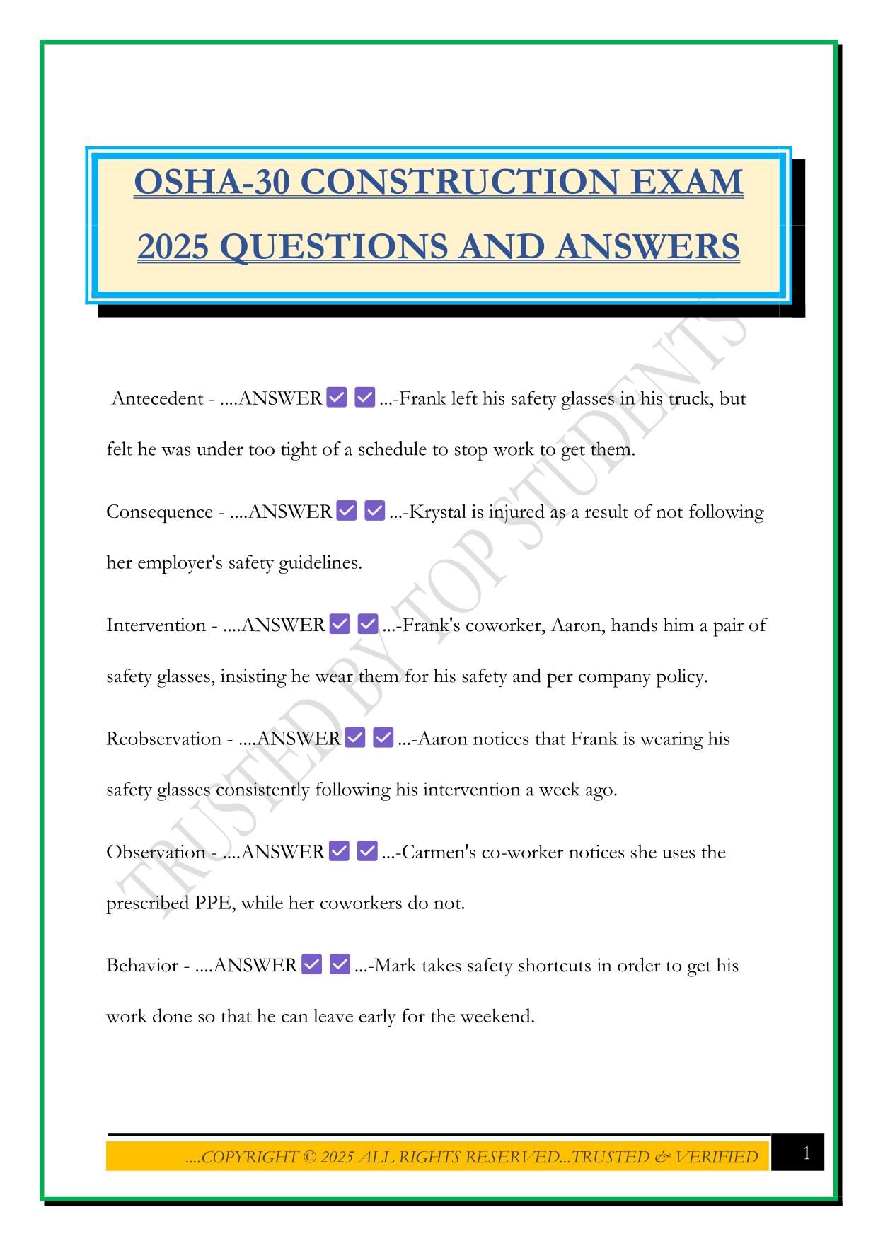 OSHA-30 CONSTRUCTION EXAM 2025 QUESTIONS AND ANSWERS