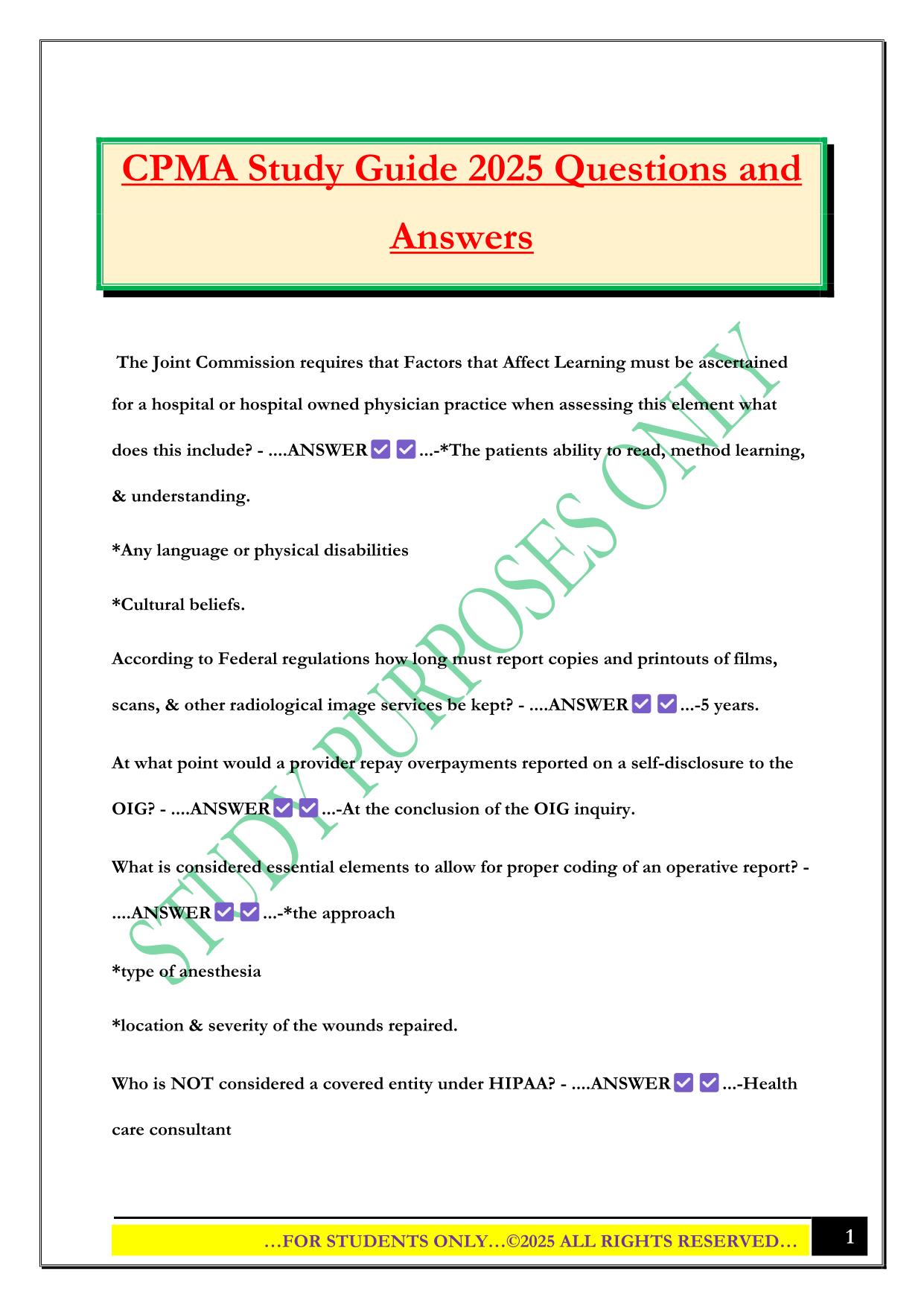 CPMA Study Guide 2025 Questions and Answers