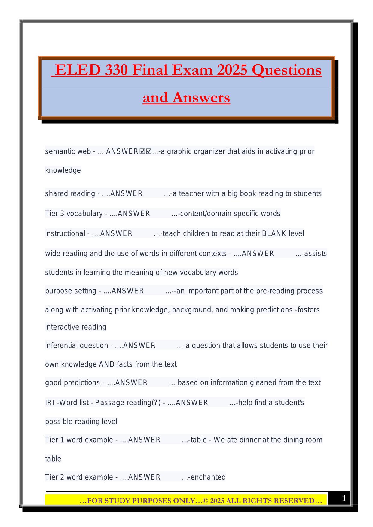 ELED Bundled Exams 2025/2026 |Questions and Answers|100% Pass