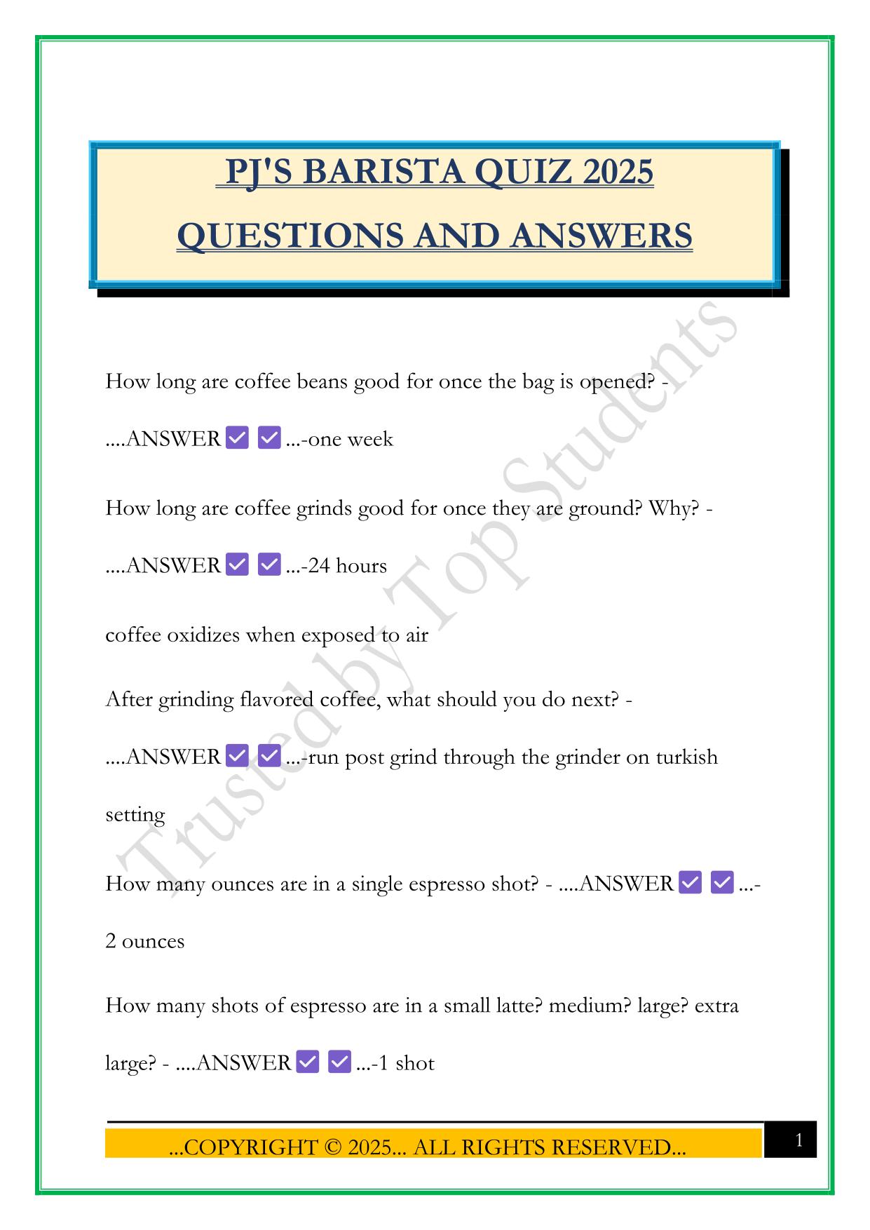 PJ'S BARISTA QUIZ 2025 QUESTIONS AND ANSWER