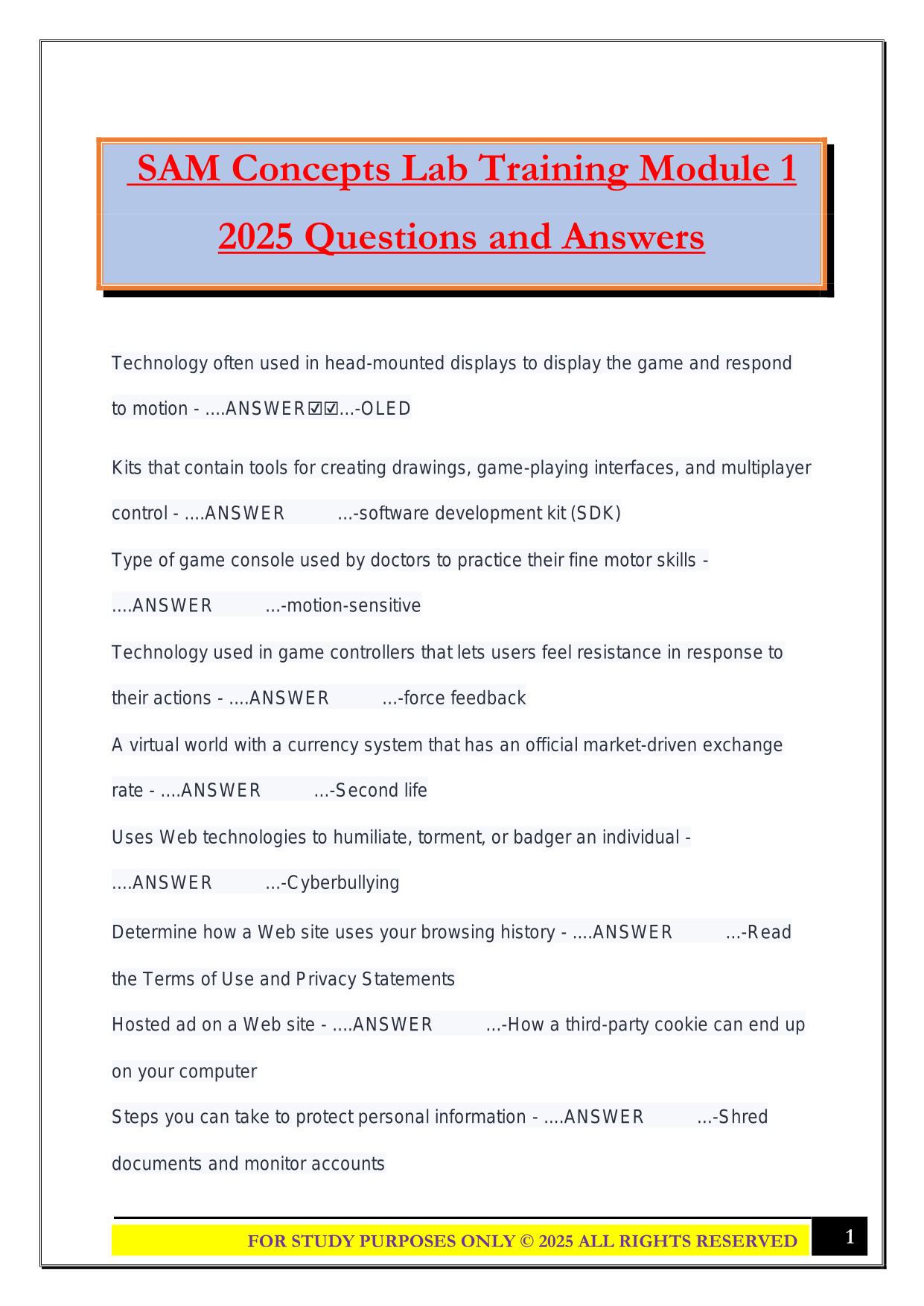 SAM Concepts Lab Training Module 1 2025 Questions and Answers